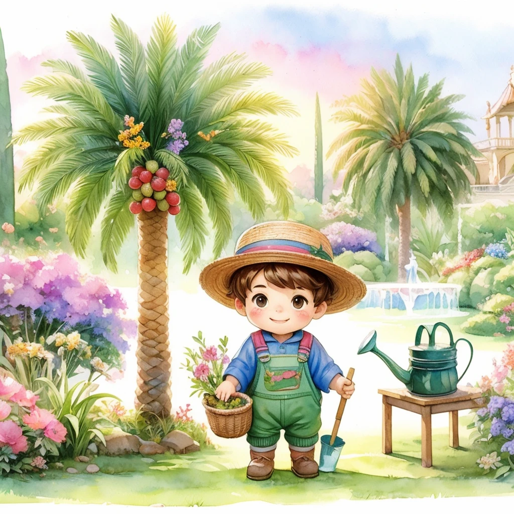 pintura feita em estilo aquarela, onde podemos ver um jardim encantador, with a little gardener boy taking care of various plants, He is portrayed as a baby, Feito em estilo desenho de cartoon, with appropriate gardening clothes and a straw hat, O garotinho sorri enquanto cuida das plantas com carinho, Ao fundo, there are several majestic date palm trees, cheia de frutos maduros e suculentos, O menininho segura uma cesta cheia desses frutos, que ele colheu com orgulho, the boy is on a path with a dirt floor, The image is made in watercolor, com cores vibrantes e suaves, conveying a sense of tranquility and harmony, The plants have bright colors coming from the flowers around the garden, the different varieties of plants that the boy is taking care of and even some friendly animals that are nearby, like butterflies or birds. The boy is cheerful while holding the basket full of fruits, The ripe fruits of the date palm and how they add a touch of color and abundance to the garden, Use the watercolor technique used to create the image, highlighting the soft brushstrokes and translucent colors that bring the scene to life