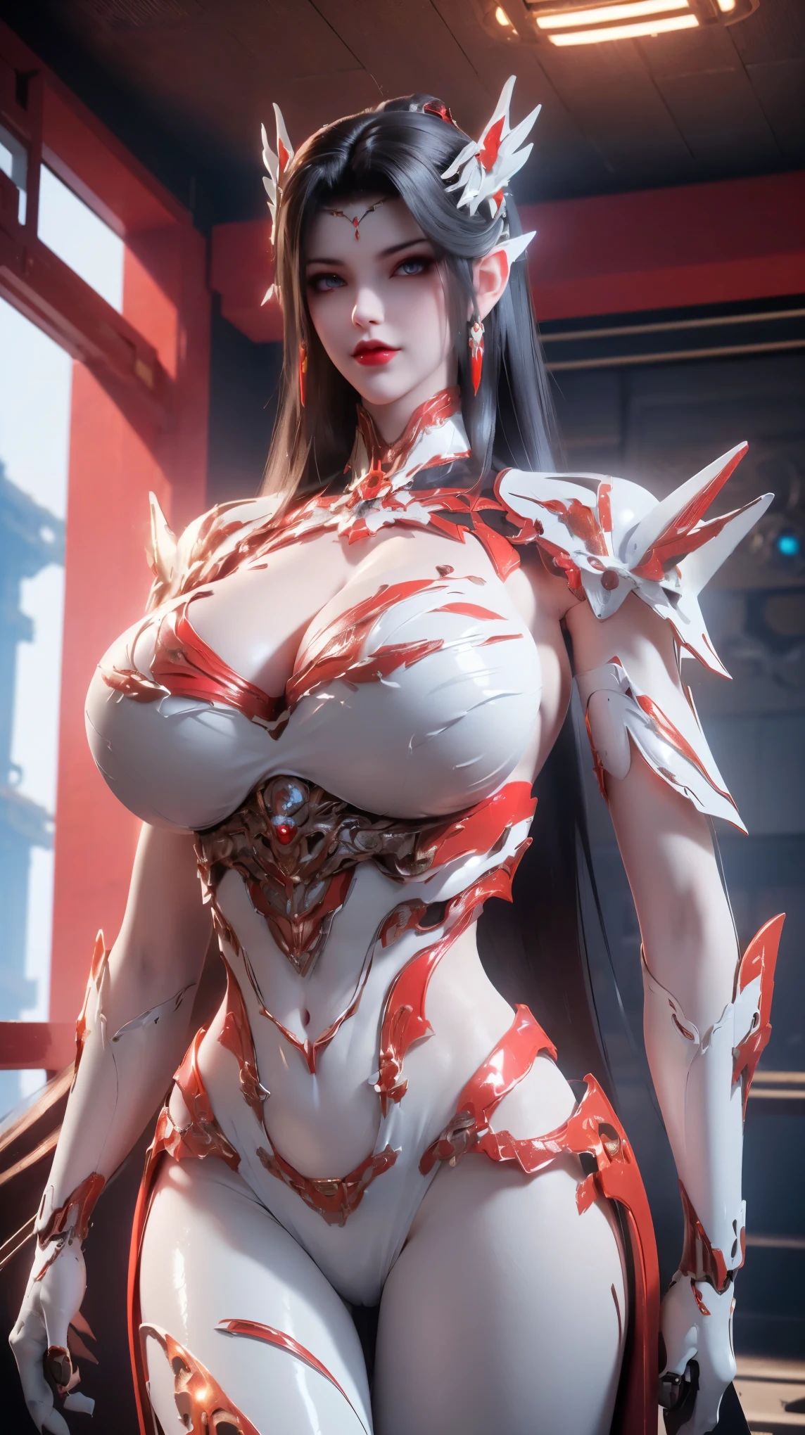 UPPER BODY,CLOSE UP HALF BODY,SOLO,(BEAUTY BLACK HAIRSTYLE,MECHA PHOENIX HELMET), (HUGE FAKE BREASTS,CLEAVAGE,MUSCLE ABS:1.5), ((WEAR RED,WHITE MODERN FUTURISTIC MECHA SKIMPY MINI BIKINI:1.5)),(THICK MUSCULAR BODY MATURE WOMAN:1.5), (SWEATY GLOSSY BODYSKIN:1.5), (LOOKING AT VIEWER:1.3),(HALLROOM OF FUTURISTIC SPACE STATION:1), (PHOTOREALSITIC:1.4), (ULTRA-DETAILLIERT), (TOP-QUALITY), (BEST SHADOWS), (MASTERPIECE), BRIGHT LIGHT IN ROOM, HYPER TEXTURE, (4X MSAA), ((UNREAL ENGINE 5 RENDER)), PHYSICALLY-BASED RENDERING, ULTRA HIGHT DEFINITION, 16K, 1080P.