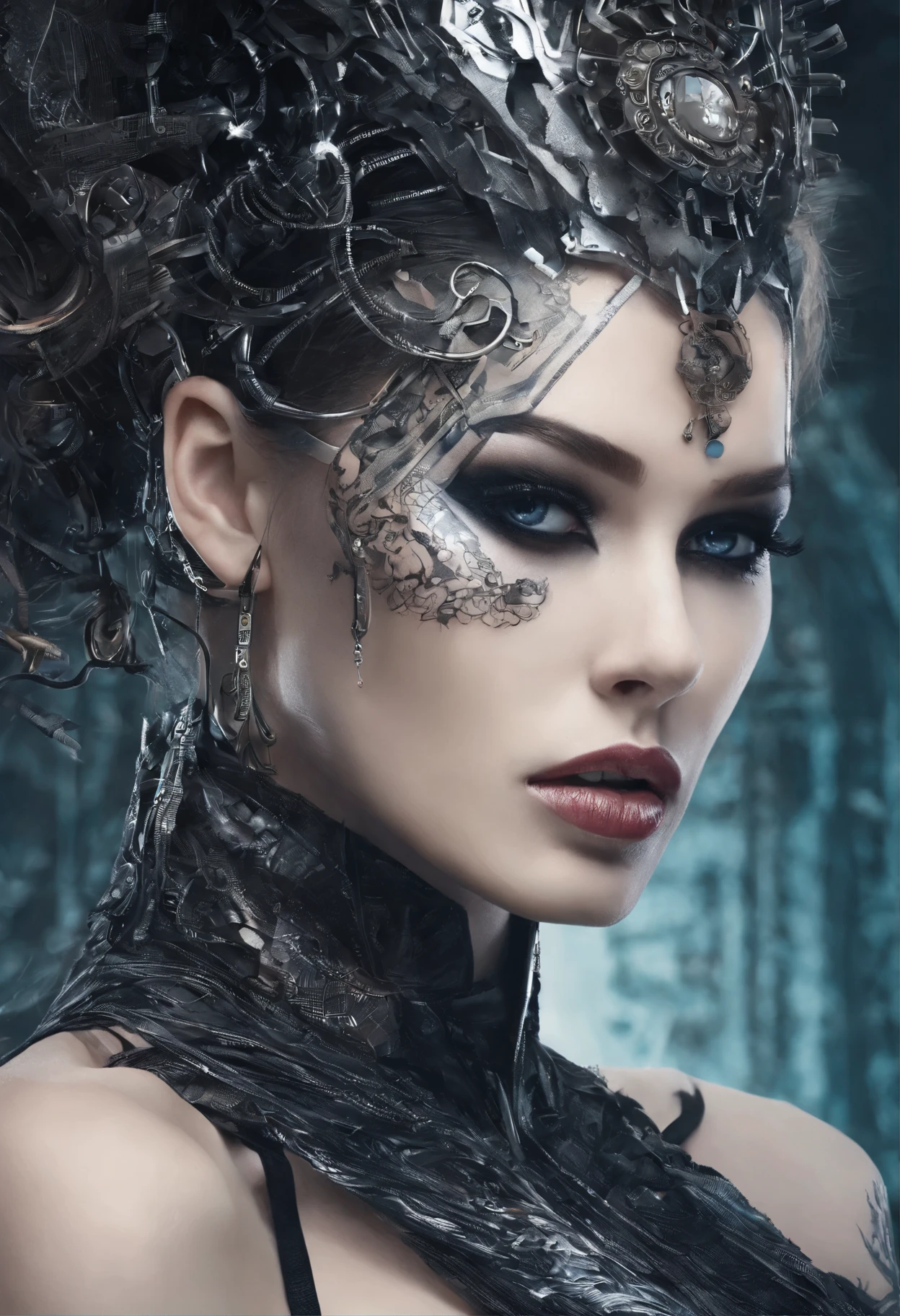 a close-up of a woman with a very strange face and strange hair, horror cyberpunk style, angry cyberpunk beautiful goddess, cyborg woman, hyper-realistic cyberpunk style, cyborg girl, cyberpunk style，hyper-realistic, intricate cyberpunk makeup - up, cyborg - girl, cyborg fashion model, Detailed portrait of a cyborg, cyberpunk cyborg, angry female cyborg