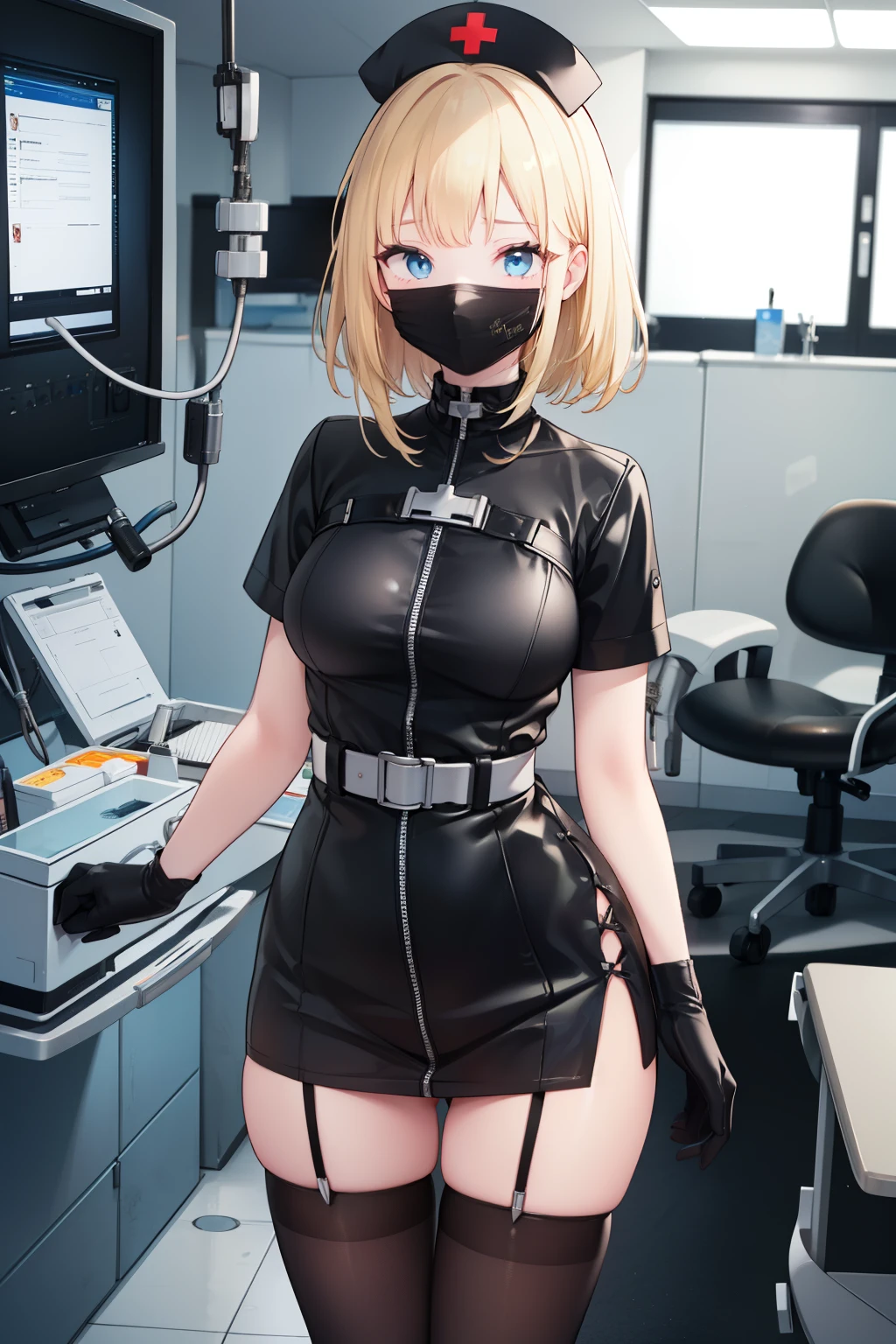 black nurse, 1 female, alone, black nurse cap, Black Wear, ((black legwear, zettai ryouiki)), black elbow gloves, blonde hair, blue eyes, ((Black surgical mask, Covered nose)), Are standing, ((operating room)), sharp outline, short sleeve, mature woman, 35 years old, highest quality, masterpiece