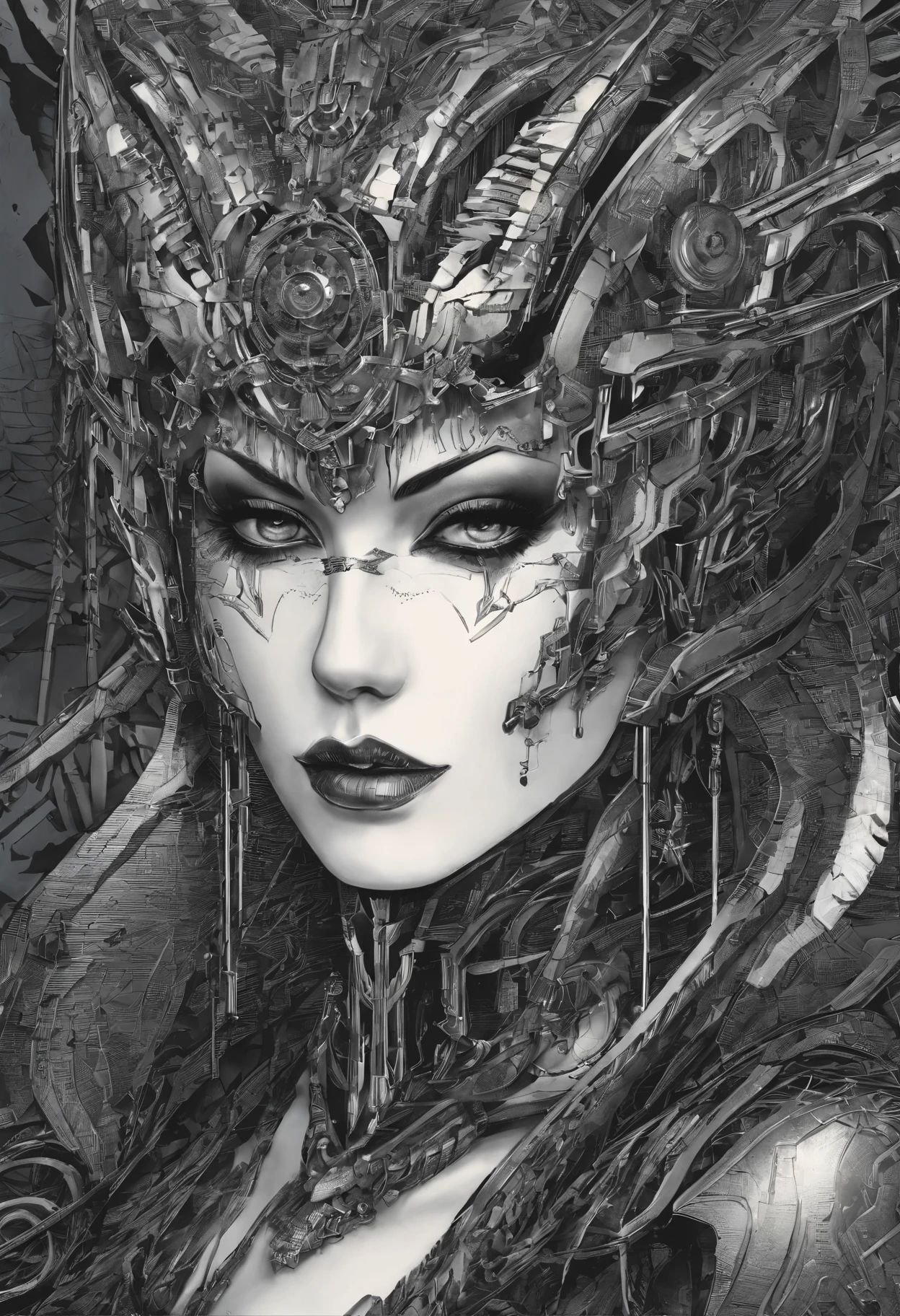 (best qualtiy,ultra - detailed,Most Best Illustration,Best shadow,tmasterpiece,A high resolution,professionalartwork,famousartwork),Detailed eyes,beautidful eyes,closeup cleavage,sci-fy,colored sclera,Robot eyes,face markings,Tattooed with,(fractalized,Fractal eyes),largeeyes,Wide eyes,(Eye focus),sface focus,Cosmic eyes,Space eyes,Close-up of metal sculpture of a woman with a moon in her hair,goddes。extremly high detail,3 d goddess portrait,Extremely detailed footage of the goddess,a stunning portrait of a goddess,Side image of the goddess,portrait of a beautiful goddess,Full body close-up portrait of the goddess,hecate goddess,portrait of a norse moon goddess,goddess of space and time
