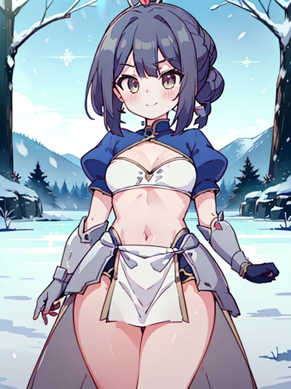 Darkness \(KONOSUBA\), Darkness from KONOSUBA, ((((wearing no armor Darkness)))), (((big breasts, big ass, wide hips, thick thighs))), anime style, super detailed, ((holding hilt of sword with both hands, one knee on the ground, catching breath, hot breath, extremely snow covered forest background, sword stuck in ground)),