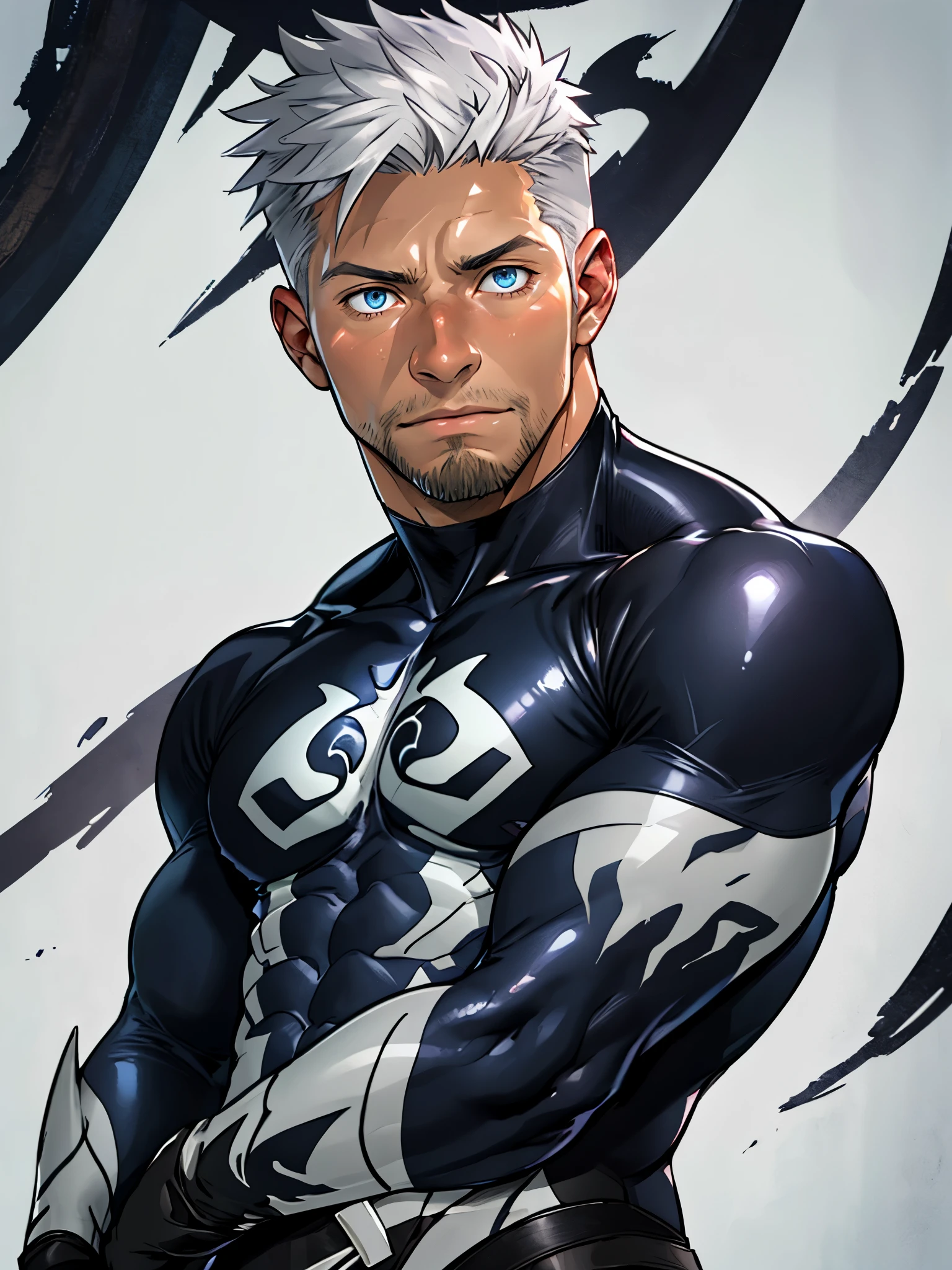 young muscular male, masterpiece, intricate details, upper body, best quality, eye focus, silver hair, manly, stubble, venom, symbiote costume,(emiya_shiro:1.2),dark skin, 1boy, (symbiote full bodysuit:1.1), eye focus, face, detailed eyes, symbiote skin tight, blue eyes, full body, 