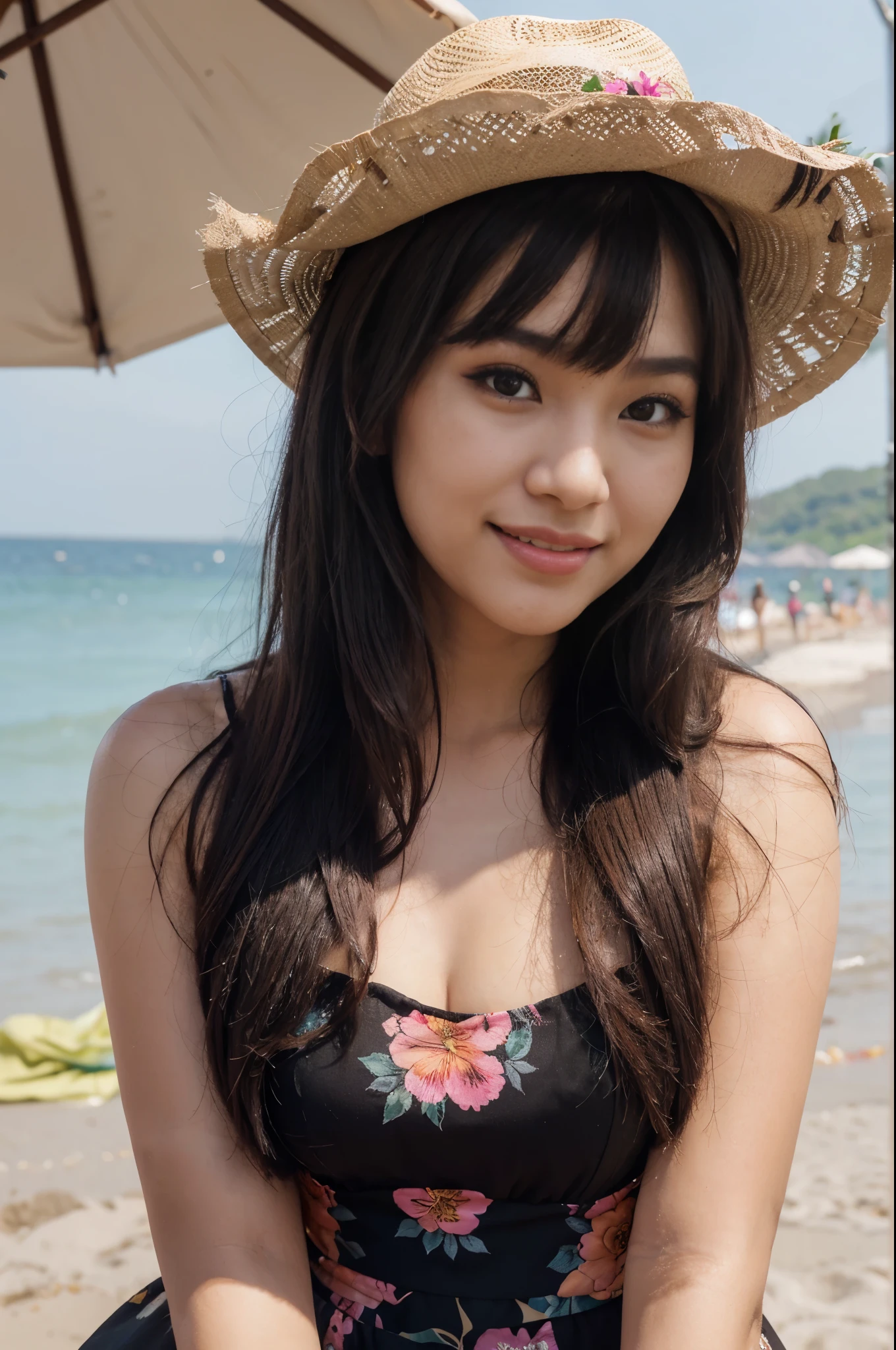 side pose of a beautiful 25 year old Thailand woman, wearing black floral summer dress and hat, bangs in hairs, Thailand round face, smiling and posing on jesolo beach, big pink lips, long straight black hairs, flirty look, straight hairs, perfect curvy body, brown eyes, brown hairs, realistic skin texture, realistic photography