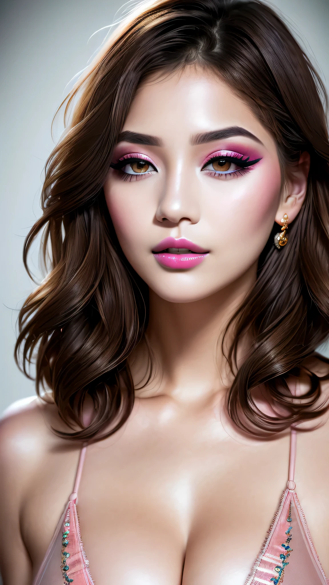 Ultra-realistic、 ultra-detailed primetime portraits、 最high quality、 8K、highest level、 The ultra -The high-definition)、(Super beautiful)、(beautiful face:1.5)、(detailed face:1.5)、(detailed eyes:1.2)、(detailed lip:1.2)、(Detailed nose:1.2)、(cleavage:1.23)、1girl:1.3 22years old、fashion supermodel、real:1.75、photorealistic:1.75、very delicate and beautiful、fine details、masterpiece、 最high quality、 high quality、 High resolution、 (Glamour, paparazzi taking pictures of her)、 (light dark short hair、extremely detailed)、 contrast、 (dark shot:1.15)、 Long blue_eyelashes:1.27、 (dark_eyeshadows:1.35)、 red_lipstick:1.35、((perfect round eyes))、 ((brown_eyes:1.4))、 (pink_makeup:1.35)、(matte skin:1.35)、 ((upper body shot))