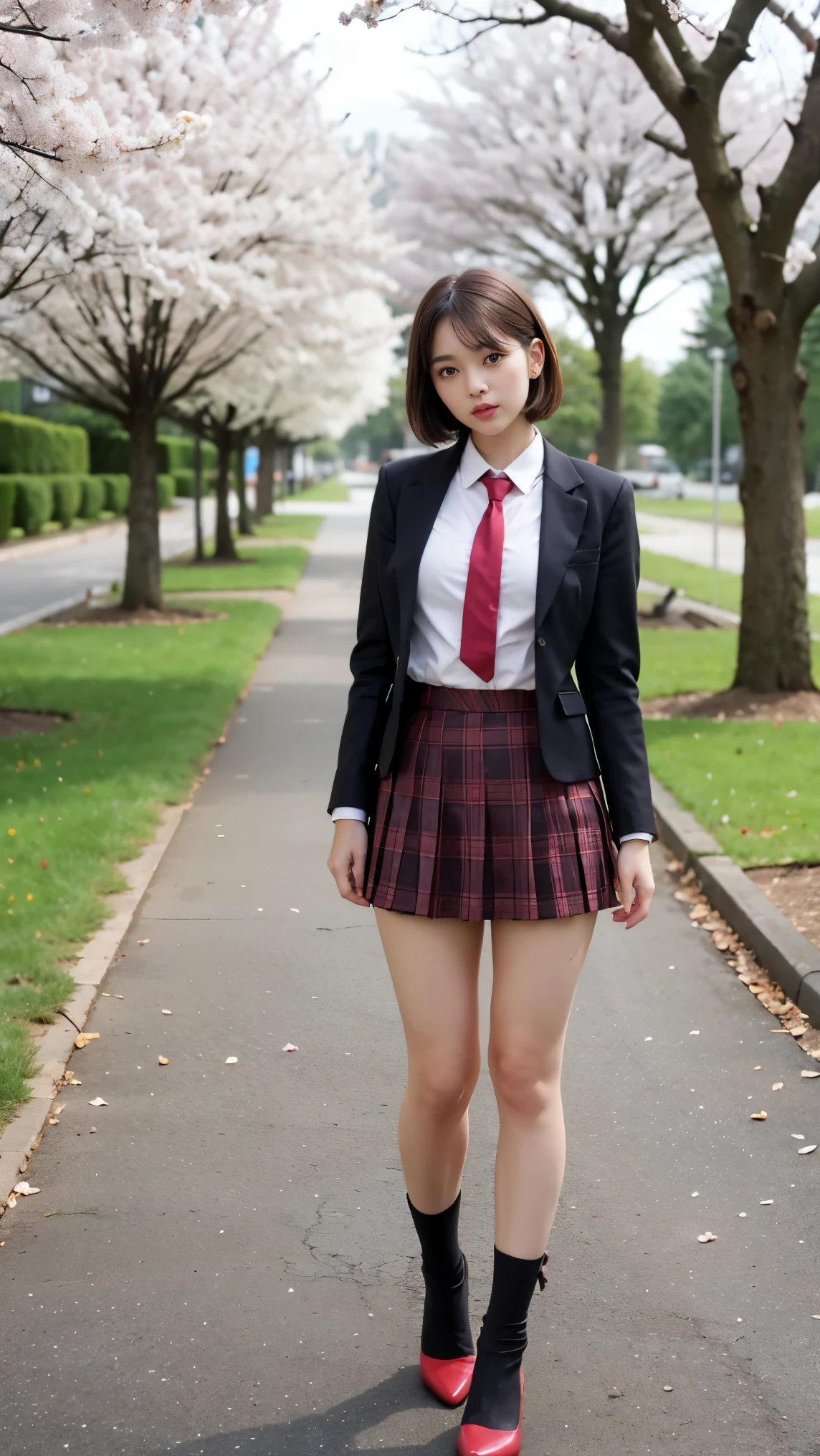 masterpiece, best quality,4girl,young girl, plum_pie eyes, brown, choppy bob,envious _face,shiny skin,medium breasts,nice leg line:1.3, thin waist, mini school uniform, necktie,((mini skirt)),red color high heels, Pathway_lined_with_blooming_cherry_blossom_trees,,looking at viewer,from below,full body, legsupsexms, slim body, naked, undress