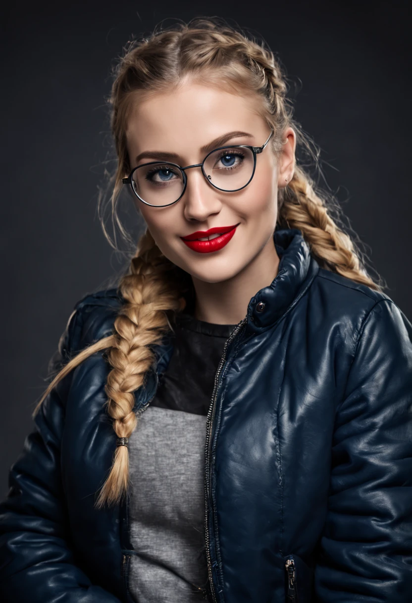 ultrarealistic high quality photo of a beautiful young tall and young busty european woman with cute face and natural blonde long hair with braided pigtailsand beautiful embarrassed smile, realistic eyes, freckles, glossy red lips, smokey eyes makeup, wearing black leather puffer jacket with dark blue pullover and black skinny jeans, full body studio photography, silver glasses
