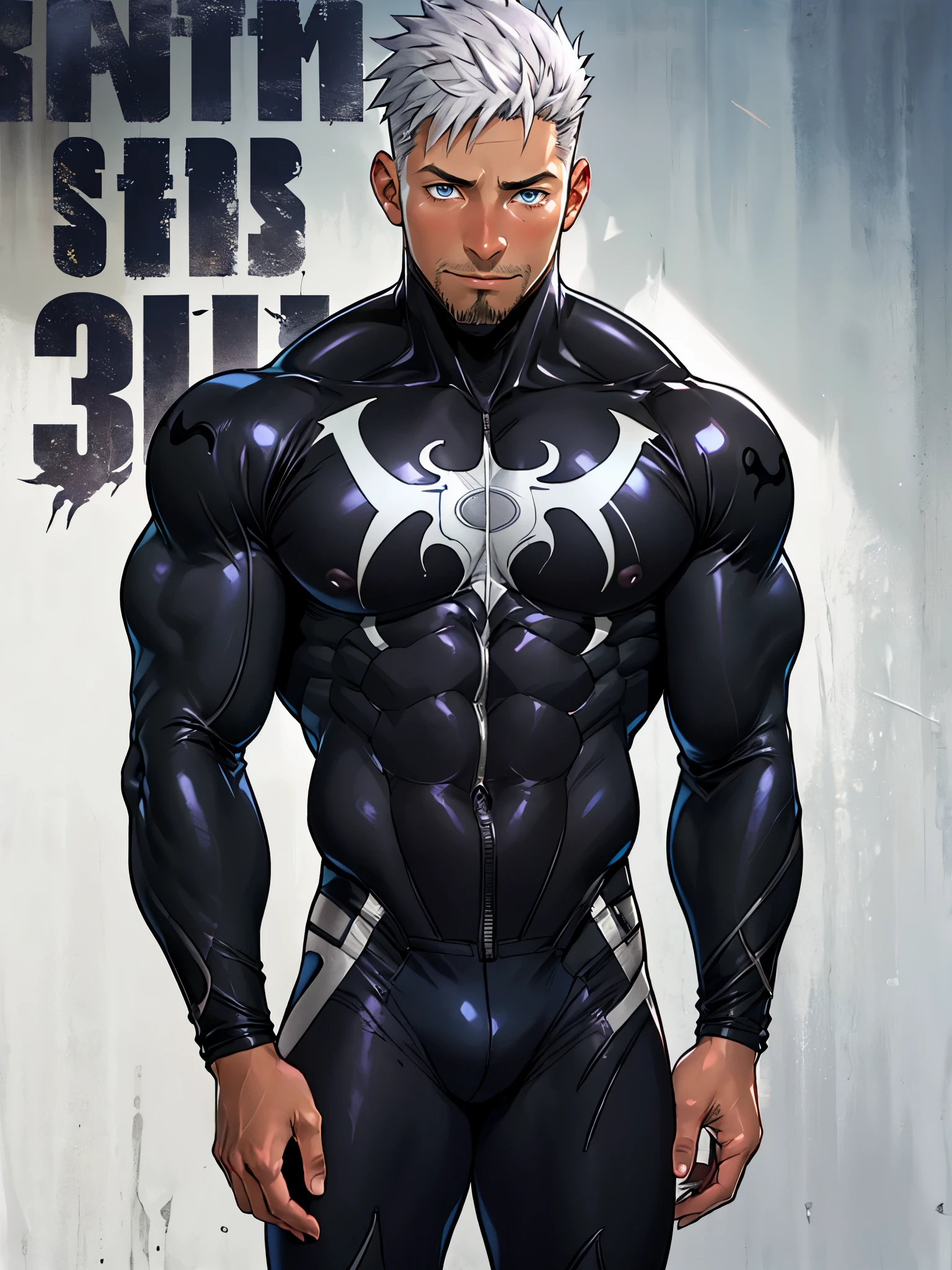 young muscular male, masterpiece, intricate details, upper body, best quality, eye focus, silver hair, manly, stubble, venom, symbiote costume,(emiya_shiro:1.2),dark skin, 1boy, (symbiote full bodysuit:1.1), eye focus, face, detailed eyes, symbiote skin tight, blue eyes, full body, 