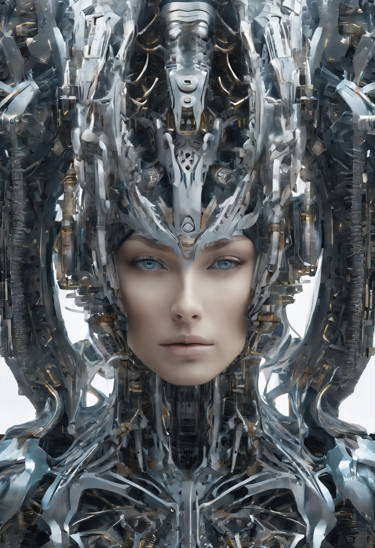 Portraid, Intricate 3d rendering of highly detailed beautiful ceramic female robot, ciborgue, robot parts, 150mm, beautiful studio soft light, Luz de aro, detalhes vibrantes, ciberpunk de luxo, RENDA, surreal, Anatomia , facial muscles, fios de cabo, microchips, elegance, fundo bonito, Octane rendering, Estilo HR Giger, 8k, melhor qualidade, obra de arte, illustration, Muito delicado e lindo, muito detalhado, realista, uniforme, ( fidelidade, fidelidade: 1.37), splendid, detalhe fino, obra de arte, melhor qualidade, arte oficial, Papel de parede realista Unity 8K muito detalhado, absurdo, Inacreditavelmente absurdoo, robot, capacete prateado, corpo todo, sentar e escrever