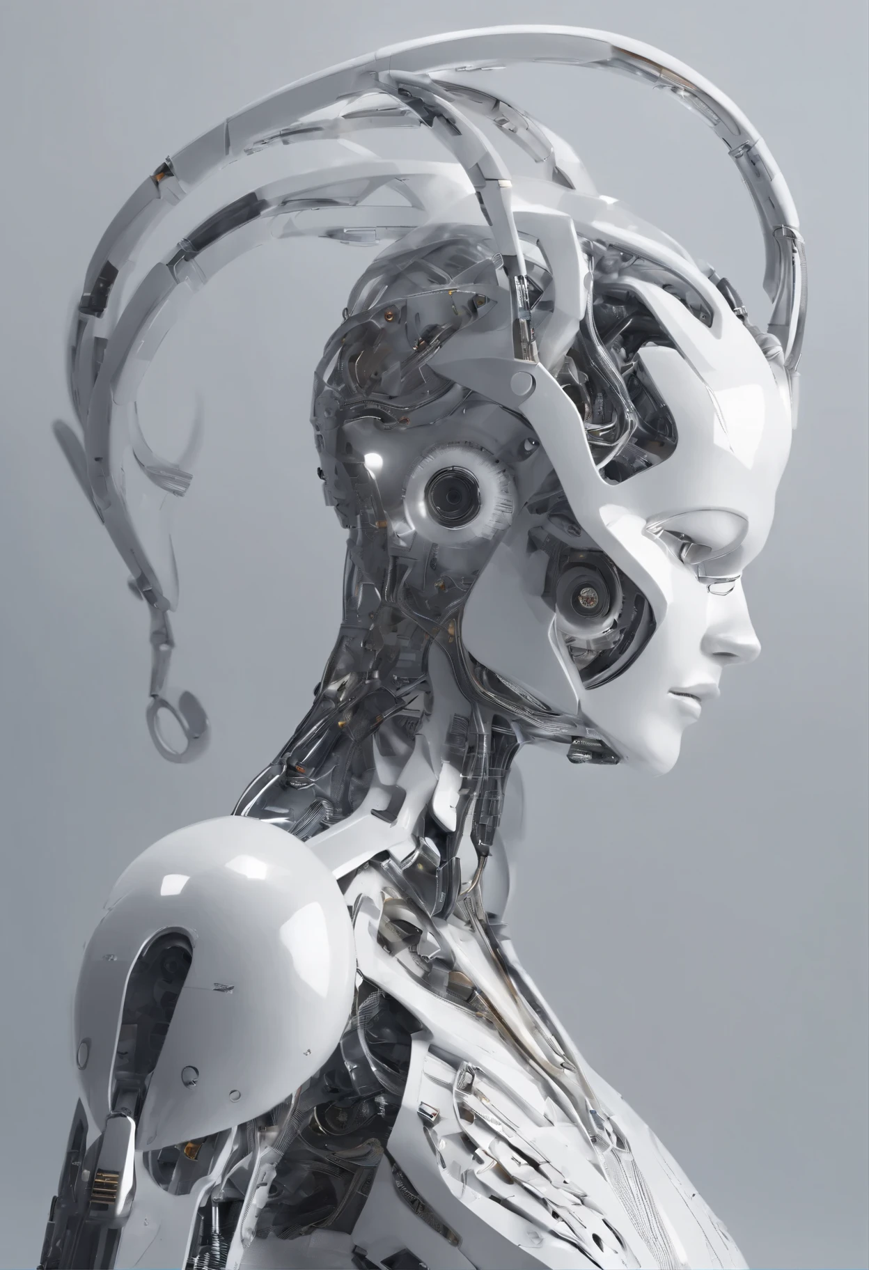 Portraid, Intricate 3d rendering of highly detailed beautiful ceramic female robot, ciborgue, robot parts, 150mm, beautiful studio soft light, Luz de aro, detalhes vibrantes, ciberpunk de luxo, RENDA, surreal, Anatomia , facial muscles, fios de cabo, microchips, elegance, fundo bonito, Octane rendering, Estilo HR Giger, 8k, melhor qualidade, obra de arte, illustration, Muito delicado e lindo, muito detalhado, realista, uniforme, ( fidelidade, fidelidade: 1.37), splendid, detalhe fino, obra de arte, melhor qualidade, arte oficial, Papel de parede realista Unity 8K muito detalhado, absurdo, Inacreditavelmente absurdoo, robot, capacete prateado, corpo todo, sentar e escrever