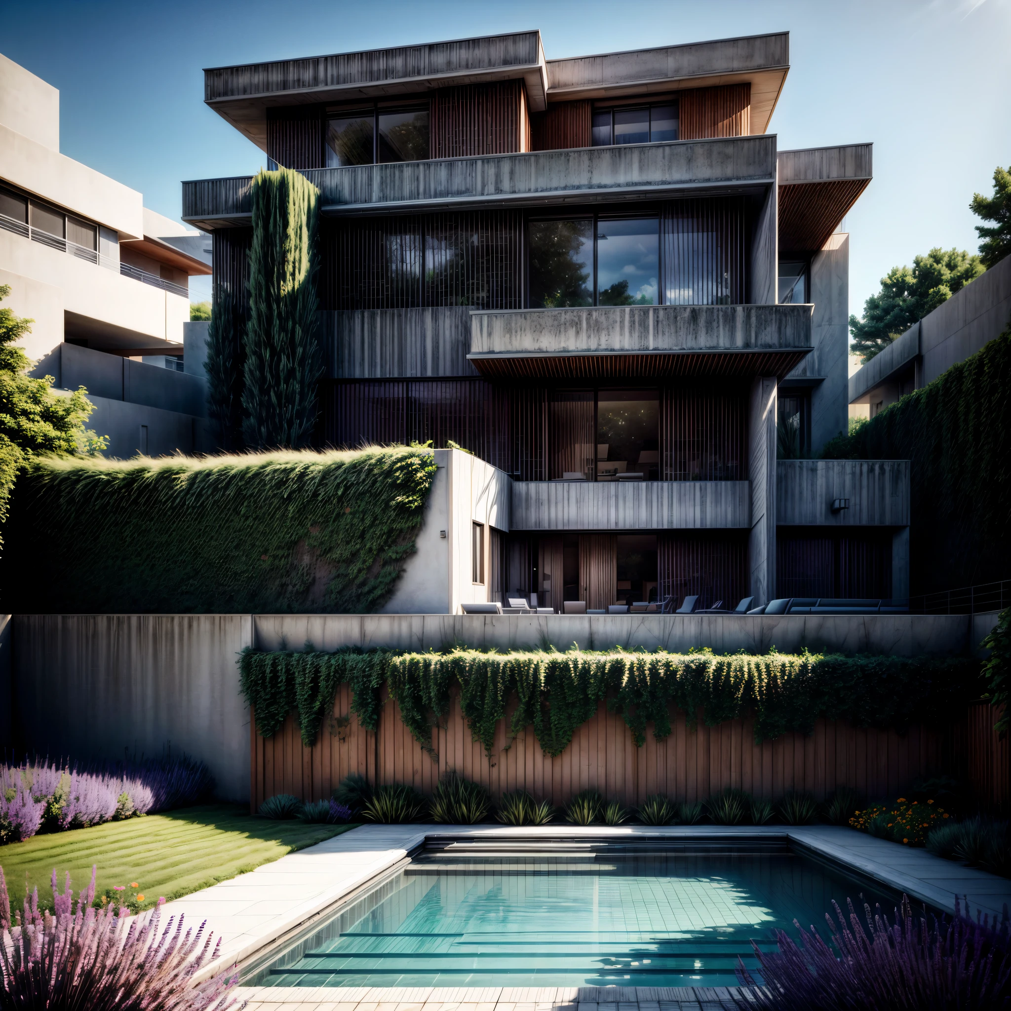 Organic modern architecture on a fairly large plot, from , there is a swimming pool in the middle of a large house of a flower, color of the house in chocolate brown and black beams, large modern residence, flat roofs and garden, render luxcore, render oktane, a photorealistic rendering, architectural rendering, mantra rendering, architectural rendering, realistic rendering, architectural visualization, wellness pool, Architectural visualization, large green zones, with small zones of lavender flowers, green shrubs type lush green garden, as well as small water mirrors, swimming pool embedded in an area of sand, olive and pine trees around the house, paddle court next to the house