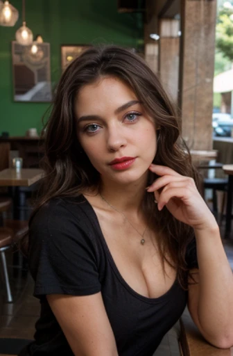 photo of beautiful 18 y.o Instagram model, brunette hair, black sleeve less top, hazel eyes, detailed eyes, tanned skin, looking seductive, with an air of superiority, sitting in coffee shop, cleavage,