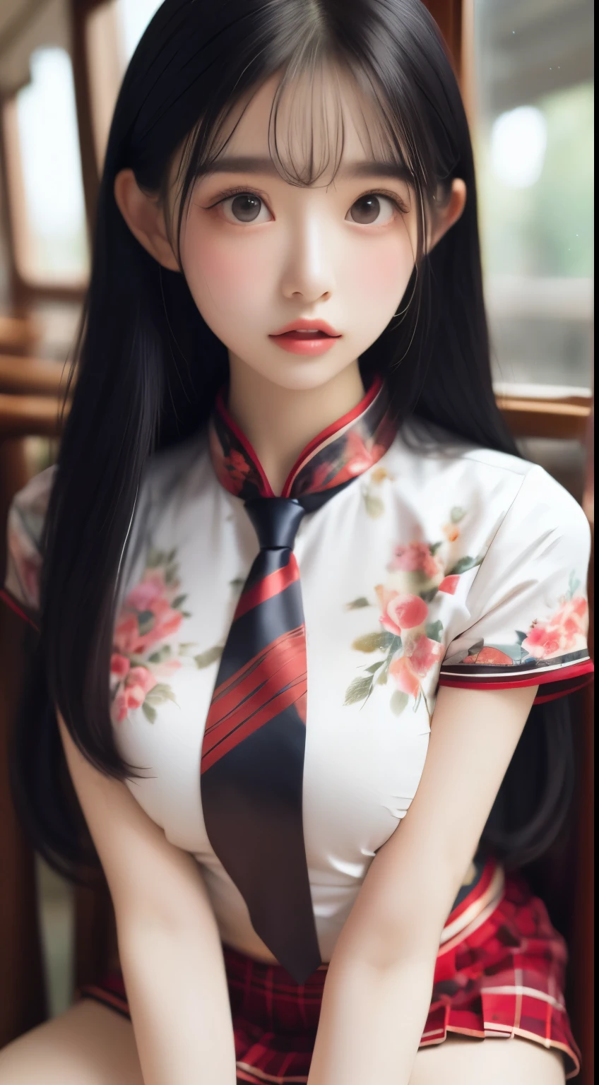 (masutepiece, Best Quality:1.2), 8K, 17 age, 85 mm, Official art, Raw photo, absurderes, White dress shirts, Pretty Face, close up, Upper body, violaceaess, gardeniass, Beautiful Girl, School uniform, (Navy pleated skirt:1.1), Cinch West, thighs thighs thighs thighs, Short sleeve, on train, Sit on a bench seat, Looking at Viewer, No makeup, (Smile:0.4), Film grain, chromatic abberation, Sharp Focus, face lights, clear lighting, Teen, Detailed face, Bokeh background, (dark red necktie:1.1)、Colossal tits