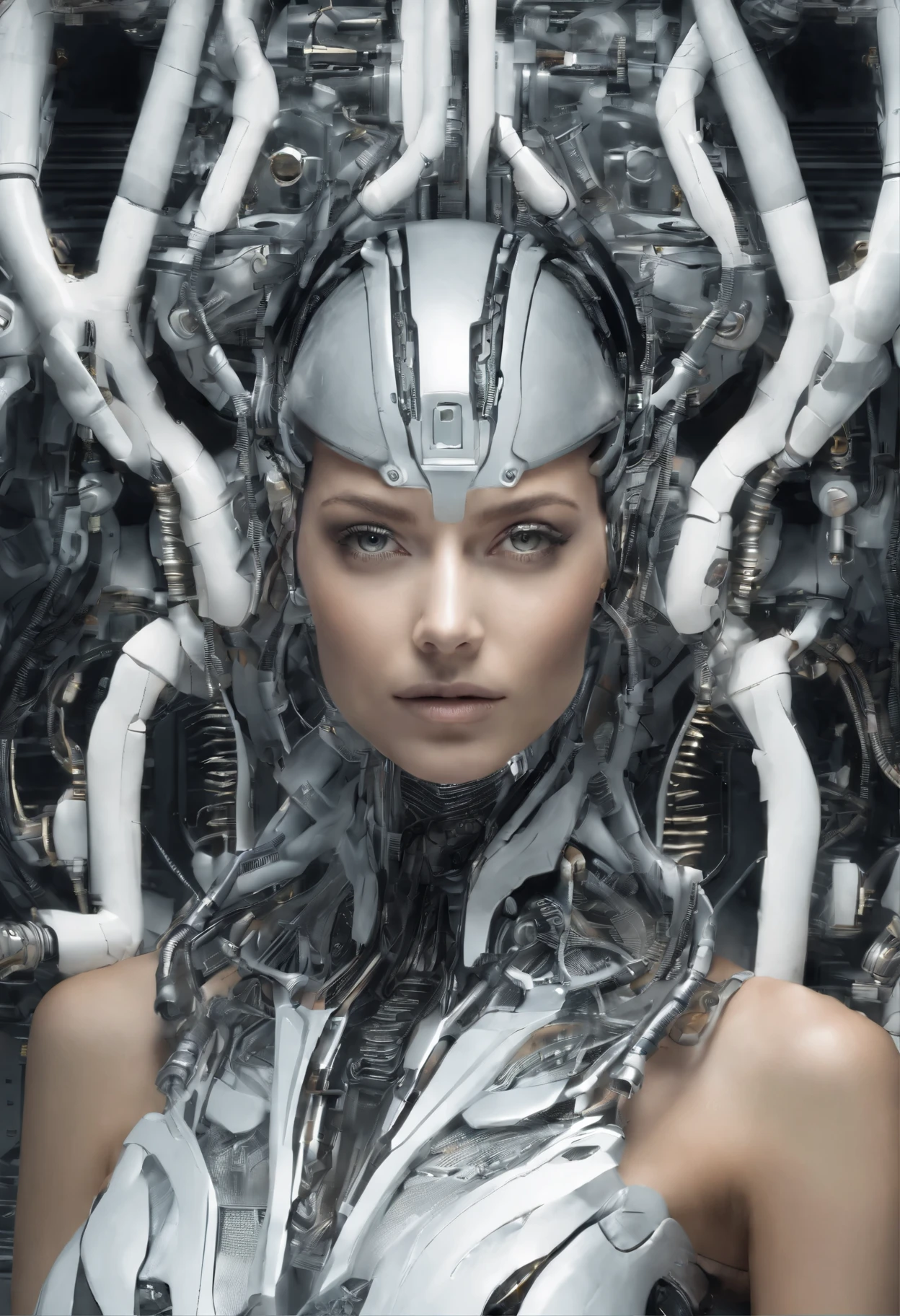 Portraid, Intricate 3d rendering of highly detailed beautiful ceramic female robot, ciborgue, robot parts, 150mm, beautiful studio soft light, Luz de aro, detalhes vibrantes, ciberpunk de luxo, RENDA, surreal, Anatomia , facial muscles, fios de cabo, microchips, elegance, fundo bonito, Octane rendering, Estilo HR Giger, 8k, melhor qualidade, obra de arte, illustration, Muito delicado e lindo, muito detalhado, realista, uniforme, ( fidelidade, fidelidade: 1.37), splendid, detalhe fino, obra de arte, melhor qualidade, arte oficial, Papel de parede realista Unity 8K muito detalhado, absurdo, Inacreditavelmente absurdoo, robot, capacete prateado, corpo todo, sentar e escrever