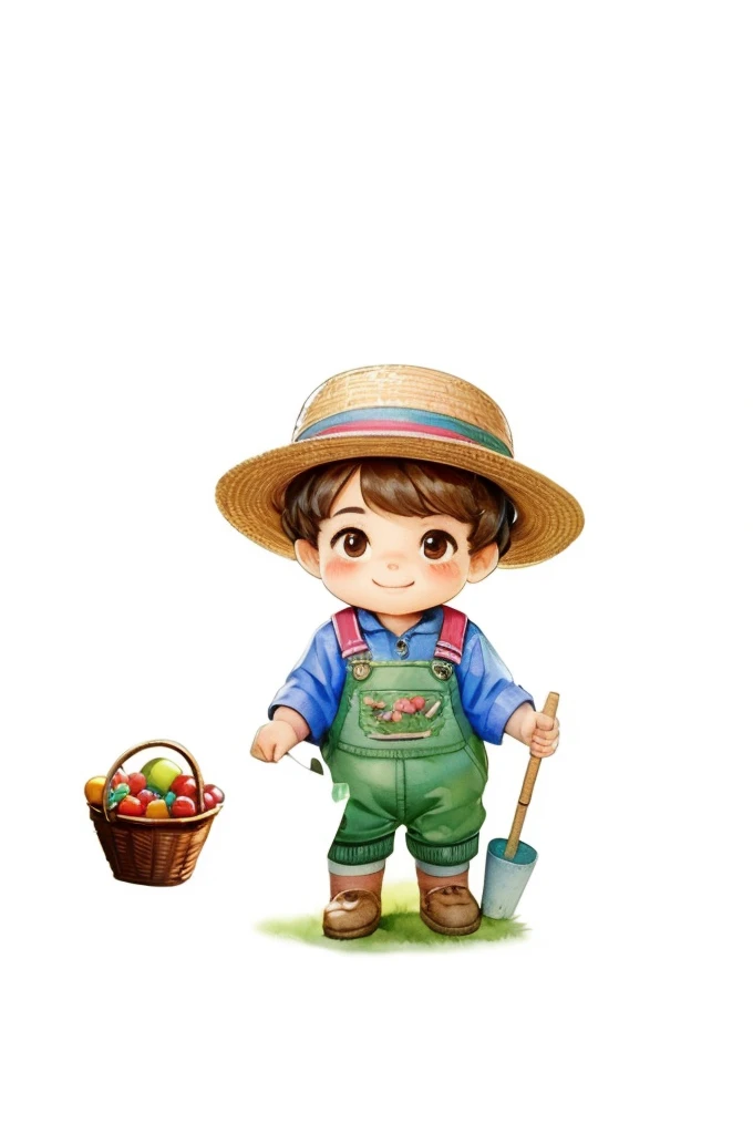 pintura em estilo aquarela, onde podemos ver um jardim encantador, with a gardener boy taking care of various plants. He is portrayed as a baby, o em estilo cartoon, with appropriate gardening clothes and straw hat, O garotinho sorri enquanto cuida das plantas com carinho, Ao fundo, there are several majestic date palms, cheia de frutos maduros e suculentos, O menininho segura uma cesta cheia desses frutos, que ele colheu com orgulho, o menino esta num caminho, The image is made in watercolor, com cores vibrantes e suaves, conveying a sense of tranquility and harmony, The plants have bright colors coming from the flowers around the garden, the different varieties of plants that the boy is taking care of and even some friendly animals that are nearby, like butterflies or birds. The boy is cheerful while holding the basket full of fruits, The ripe fruits of the date palm and how they add a touch of color and abundance to the garden, Use the watercolor technique used to create the image, highlighting the soft brushstrokes and translucent colors that bring the scene to life.