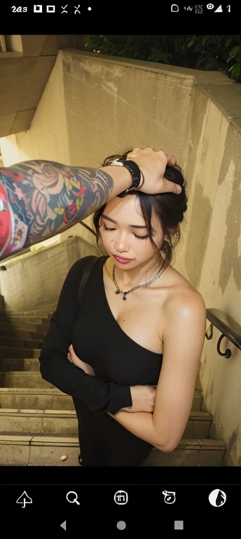 Hay una mujer parada en unas escaleras con un tatuaje., llorando y alcanzando con su brazo, Your hair is tied above your head, de chica taiwanesa con tatuajes, apretado alrededor del cuello, saliendo perfectamente de su cabeza, usando gargantilla, imagen filtrada, Photoshoot, shy looking down, carga de alta calidad, Photoshoot, Gemma Chan girl portrait, Gemma Chan