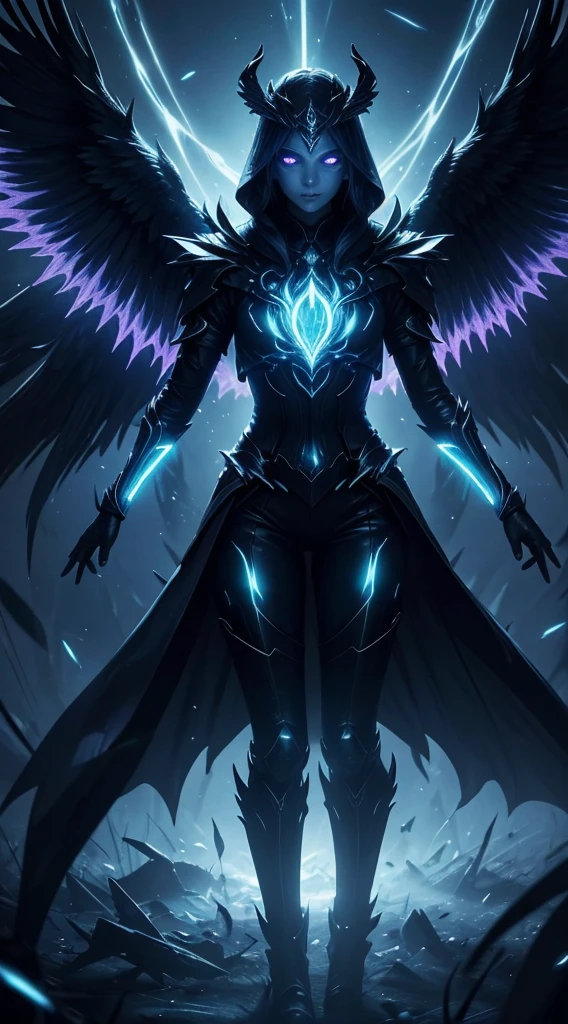 Winged sorcerers), fullbody, glowing light eyes, flawless skin, eerie, creepy, nightmarish, (very bright colors), light particles, with light glowing, mshift, wallpaper art, UHD wallpaper