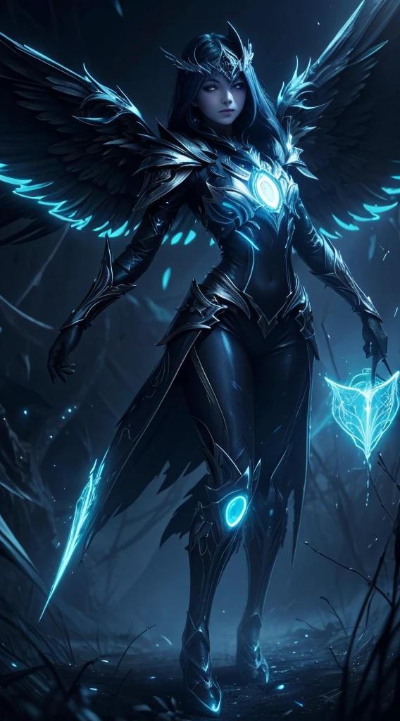 Winged sorcerers), fullbody, glowing light eyes, flawless skin, eerie, creepy, nightmarish, (very bright colors), light particles, with light glowing, mshift, wallpaper art, UHD wallpaper