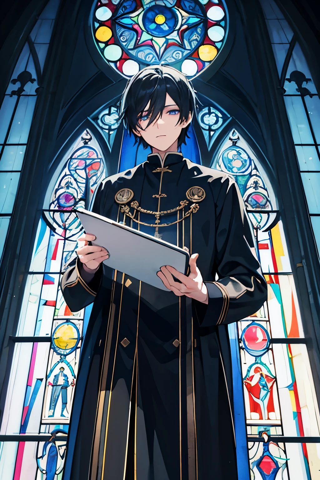 male black hair blue eyes Fr. church Playing the organ Stained glass masterpiece Highest image quality noise removal clear parts cinematic shadow Increased attractiveness of the eyes clear parts the shine of the eyes Draw eyelashes neatly perfect eyes detailed eyes Sharpen image quality Sharpen eye writing clear parts eye shape