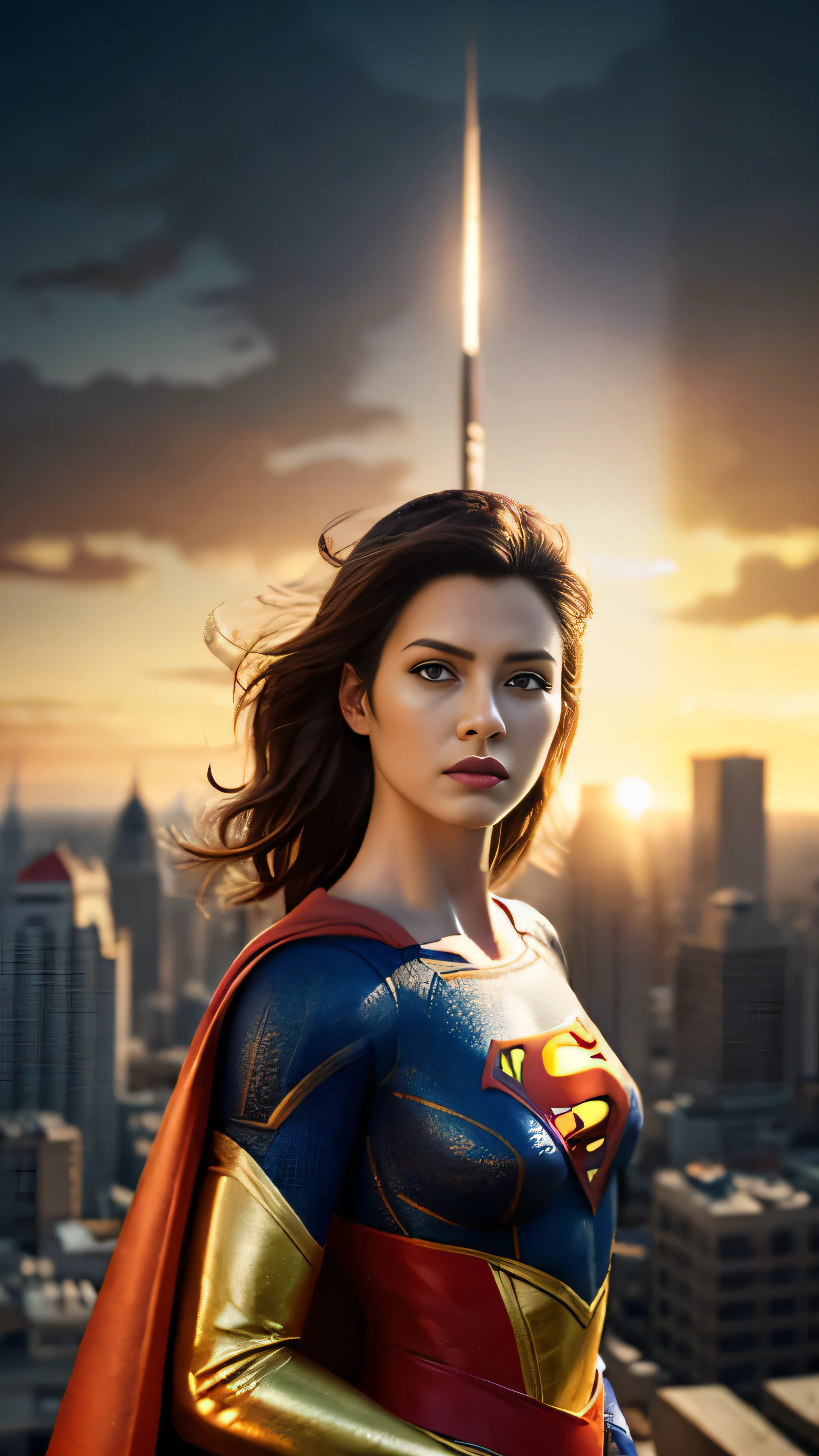 Supergirl, above the city, preparing for battle, detailed artistic photography, beautiful detailed face, dreamy, glowing, backlit, glamour, glow, shadows, oil on canvas, brush strokes, soft, ultra high definition, 8k, unreal engine 5, ultra focus sharp, artgerm, loish, sf, intricate art masterpiece, menacing, matte paint movie poster, golden ratio, trends in cgsociety, intricate, epic, highly detailed, vibrant, production cinematic character rendering, quality model ultra high