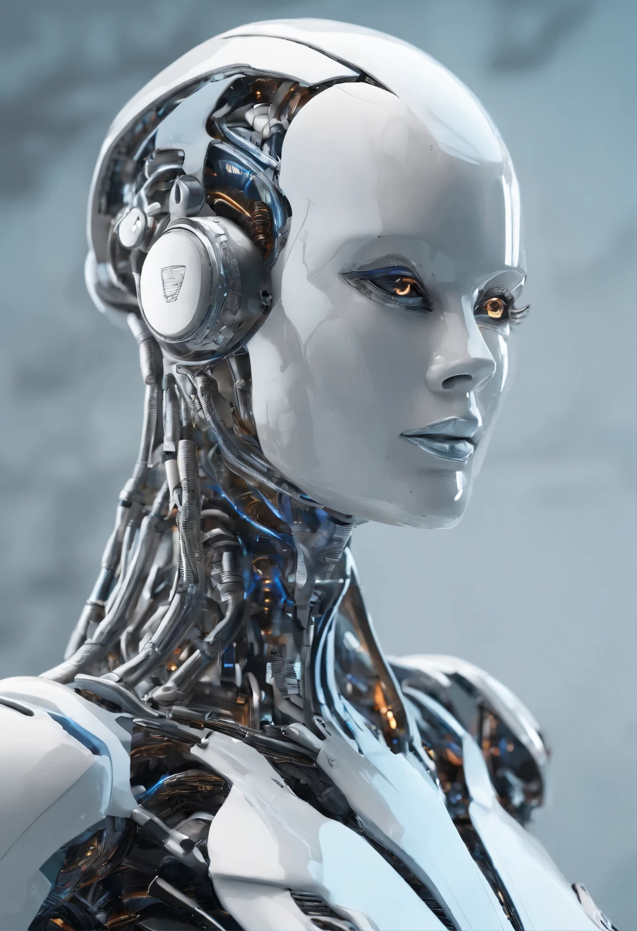 Portraid, Intricate 3d rendering of highly detailed beautiful ceramic female robot, ciborgue, robot parts, 150mm, beautiful studio soft light, Luz de aro, detalhes vibrantes, ciberpunk de luxo, RENDA, surreal, Anatomia , facial muscles, fios de cabo, microchips, elegance, fundo bonito, Octane rendering, Estilo HR Giger, 8k, melhor qualidade, obra de arte, illustration, Muito delicado e lindo, muito detalhado, realista, uniforme, ( fidelidade, fidelidade: 1.37), splendid, detalhe fino, obra de arte, melhor qualidade, arte oficial, Papel de parede realista Unity 8K muito detalhado, absurdo, Inacreditavelmente absurdoo, robot, capacete prateado, corpo todo, sentar e escrever