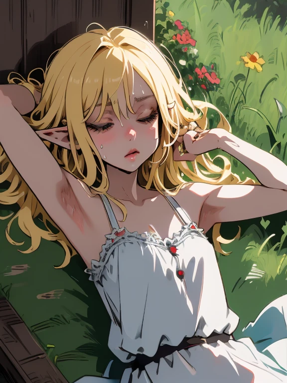 (masterpiece), (elf)
expressive eyes, sleeping face, sleeping, sweat, armpits, sundress,
Outdoors, porch, summer