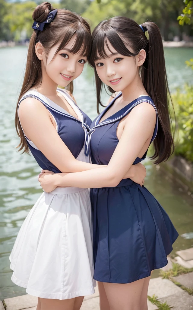 (2 girls of the same :1.2) , Couple focus, japanese girl, Lovely, Number 14,pper body, cheek to cheek,permanent,high saturation, Sleeveless sailor suit,Double tail, (Smile), Hair ring, low contrast, best quality, ultra high definition, Photorealistic, Super detailed, 8k, original photo,