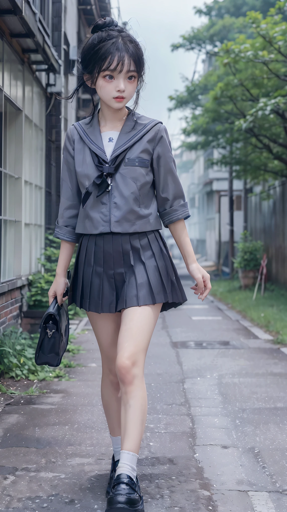 masterpiece, highest quality, realistic, RAW photo, Digital single-lens reflex camera, ((1 person)), Beautiful Japan girl at 18 years old, shiny fair skin, Realistic beautiful make-up face, realistic and beautiful eyes, double eyelid, (((anxiety, frightened eyes:1.3, fear, nervous:1, tears, cry:1.4, afraid))), The most detailed shiny black hair and bangs, ((ponytail hair)), slim body shape, slim face, slim waist, medium breasts, (((Japanese student gray sailor suit:1.5, summer clothes:1.2, blue skirf, gray pleated mini skirt:1.2, black sox:1.2, brown loafer shoes:1.2, white panty:1.2))), (((walking:1.3))), Leaving school, (((A path in a lonely residential area, dark path))), ((foggy)), realistic shadow, Depth of bounds written, The best delicate and beautiful photos, ultra high resolution, 8K UHD Wallpapers, (((from below:1))), nsfw, upper half body