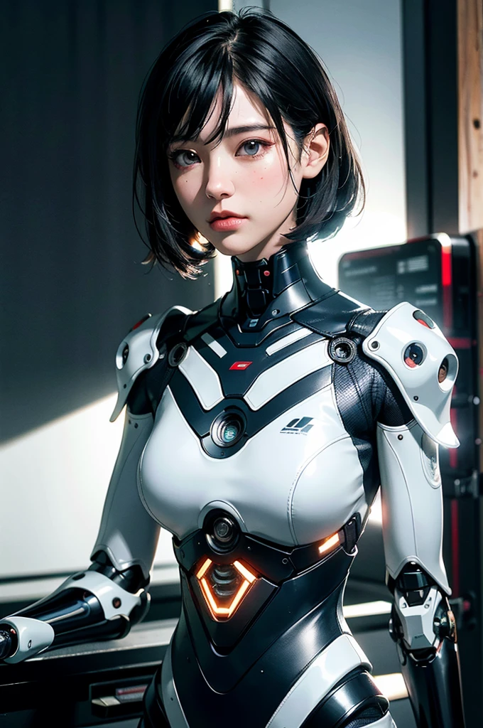 Complex 3D rendering of ultra-detailed porcelain girl, 1 girl, (natural skin texture, actual eye details:1.2), part, beautiful soft light, rim light, Vibrant details, Luxury Cyberpunk, hyperactual, anatomical, face muscles, Cable wire, microchip, elegant, beautiful background, octane rendering, apple style, 8k, best quality, masterpiece, illustration, extremely delicate and beautiful, CG, Unite, wallpaper, (actual, photo-actual:1.2), Astonishing, fine details, masterpiece, best quality, official art, extremely detailed CG Unite 8k wallpaper, Extremely ridiculous, sexy, Mechanical skeleton, Android, Surrealism, Doomsday wasteland, (high-tech prosthetics:1.2), Fluffy black short hair, Perfect body, Navy blue glowing cyber ship