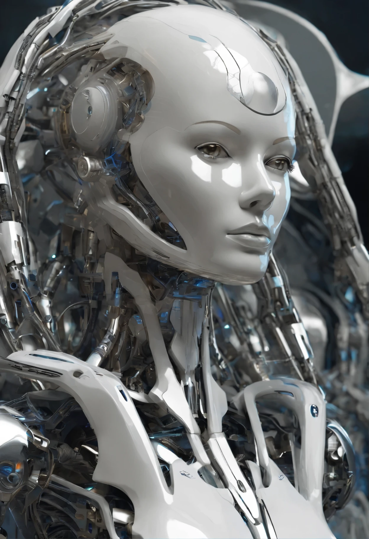 Portraid, Intricate 3d rendering of highly detailed beautiful ceramic female robot, ciborgue, robot parts, 150mm, beautiful studio soft light, Luz de aro, detalhes vibrantes, ciberpunk de luxo, RENDA, surreal, Anatomia , facial muscles, fios de cabo, microchips, elegance, fundo bonito, Octane rendering, Estilo HR Giger, 8k, melhor qualidade, obra de arte, illustration, Muito delicado e lindo, muito detalhado, realista, uniforme, ( fidelidade, fidelidade: 1.37), splendid, detalhe fino, obra de arte, melhor qualidade, arte oficial, Papel de parede realista Unity 8K muito detalhado, absurdo, Inacreditavelmente absurdoo, robot, corpo todo, sentar e escrever