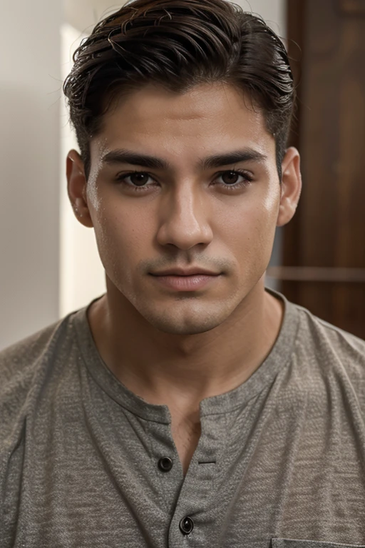 joven masculino con hoyuelos marcados en su mejillas, ojos cafe claro, piel minimamente aperlada, cabellor quebrado y de color cafe oscuro