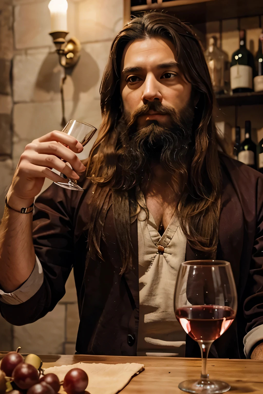 a man with a beard and long biblical hair refusing a glass of wine