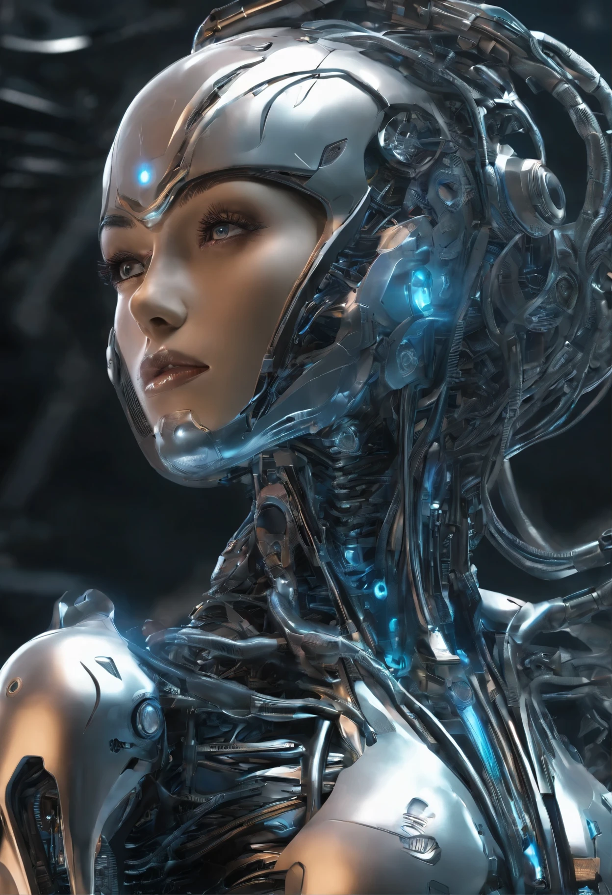 Portraid, Intricate 3d rendering of highly detailed beautiful ceramic female robot, ciborgue, robot parts, 150mm, beautiful studio soft light, Luz de aro, detalhes vibrantes, ciberpunk de luxo, RENDA, surreal, Anatomia , facial muscles, fios de cabo, microchips, elegance, fundo bonito, Octane rendering, Estilo HR Giger, 8k, melhor qualidade, obra de arte, illustration, Muito delicado e lindo, muito detalhado, realista, uniforme, ( fidelidade, fidelidade: 1.37), splendid, detalhe fino, obra de arte, melhor qualidade, arte oficial, Papel de parede realista Unity 8K muito detalhado, absurdo, Inacreditavelmente absurdoo, robot, corpo todo, sentar e escrever