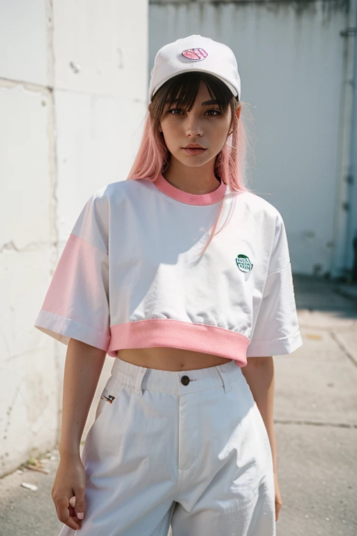35mm photo of a woman wearing white streetwear clothes. Shot on analog film camera. Old pink and mint color grading
