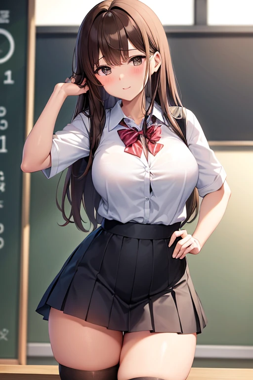 brown hair brown eyed school girl in a tight school girl uniform on and has e cups with thick thighs