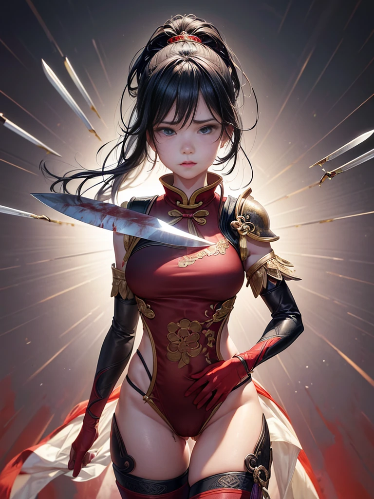 A professional portrait photo,masterpiece,top Quority,A Chinese female knight,18 years old,Black high ponytail short hair、Exquisite baby fat face,The skin is delicate and white,(((( There are knife wounds on the body,Tears and lots of blood)))),Plump and slightly fat,Cocked buttocks,(The protagonist holds a long knife),(((( Deep groove in crotch)))),(( Wearing red Tang Dynasty Mingguang armor)),(( No)),At Longmen Inn,4K,art station,Surrealism,complex细节,powerful,edge lighting,Diffraction grading,RTX,AI facial depiction,AI texture,Highly realistic photos,high definition,Uncensored,Super Analysis,Surrealism,concept art,grace,Highly detailed,complex,clear focus,Suitable depth of field,f/1.8,85mm,medium shot,medium shot拍摄,(((Professionally graded))),Bright, soft scattered light,(volumetric fog),(( Delicate facial depiction)),