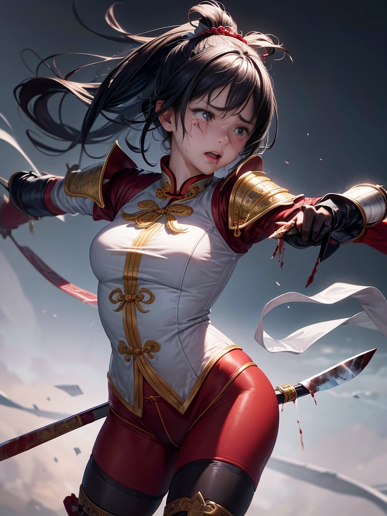 A professional portrait photo，masterpiece，top Quority，A Chinese female knight，18 years old，Black high ponytail short hair、Exquisite baby fat face，The skin is delicate and white，(((( There are knife wounds on the body，Tears and lots of blood))))，Plump and slightly fat，Cocked buttocks，（The protagonist holds a long knife），(((( Deep groove in crotch))))，(( Wearing red Tang Dynasty Mingguang armor))，(( No))，At Longmen Inn，4K，art station，Surrealism，complex细节，powerful，edge lighting，Diffraction grading，RTX，AI facial depiction，AI texture，Highly realistic photos，high definition，Uncensored，Super Analysis，Surrealism，concept art，grace，Highly detailed，complex，clear focus，Suitable depth of field，f/1.8，85mm，medium shot，medium shot拍摄，(((Professionally graded))),Bright, soft scattered light，(volumetric fog)，(( Delicate facial depiction))，