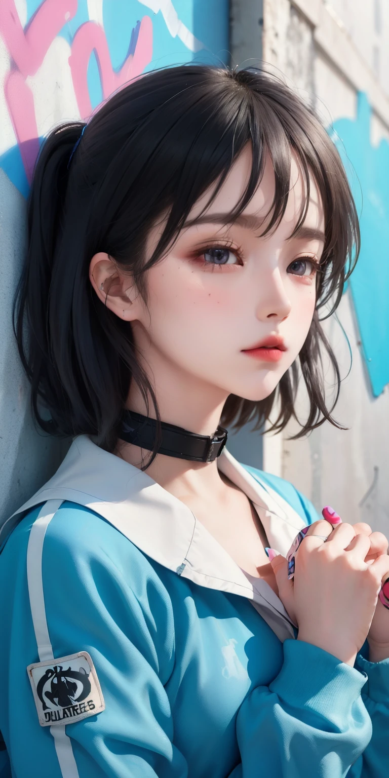 (highest quality), masterpiece, Highly detailed CG uniform 8k illustration, high collar, extremely high collar saturation, all colors deepened, paint, graffiti art, Center configuration, Highly detailed light and shadow, graffiti wall, wall painted bright, One girl graffiti One girl is looking at the wall, highly detailed face and eyes, BLACK hair, sportswear, colored clouds、巨乳