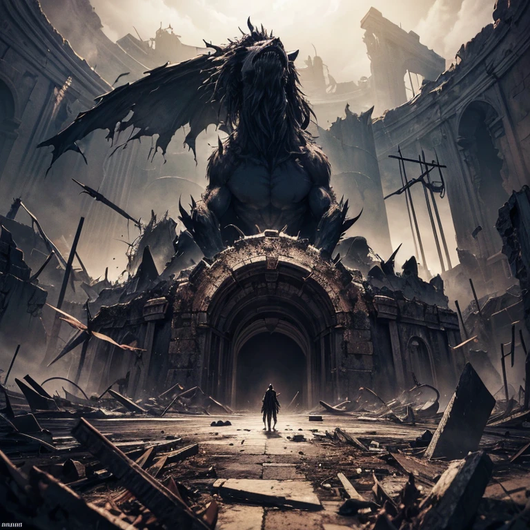 An ominous abstract vision depicting the apocalypse; a widening spiral surrounded by falling shards of civilization and loss of innocence; at the center a rough beast with a blank sphinx-like face slouches towards the ruins of Bethlehem to be born; representing the coming of an unknown chaotic new epoch that will upend the world order; eerie, atmospheric, foreboding
