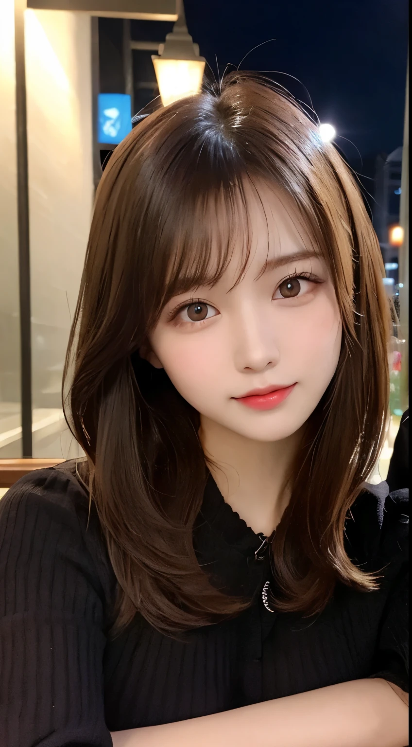 table top, highest quality, shape, Super detailed, finely, High resolution, 8k wallpaper, 完璧なダイナミックな構shape, beautiful and detailed eyes, elegant winter clothes,medium hair,small breasts natural color lip, bold sexy pose,smile、20 year old girl、cute、Sexy looking at camera,night,beautiful and detailed face,elegant face,perfect and beautiful face,Slim face and body,spread your arms wide、background blur、real photos
