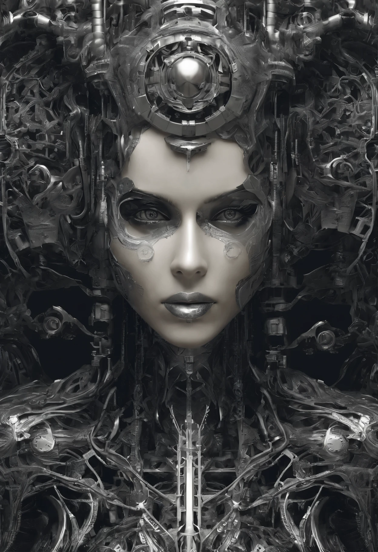Portraid, Intricate 3d rendering of highly detailed beautiful ceramic female robot, ciborgue, robot parts, 150mm, beautiful studio soft light, Luz de aro, detalhes vibrantes, ciberpunk de luxo, RENDA, surreal, Anatomia , facial muscles, fios de cabo, microchips, elegance, fundo bonito, Octane rendering, Estilo HR Giger, 8k, melhor qualidade, obra de arte, illustration, Muito delicado e lindo, muito detalhado, realista, uniforme, ( fidelidade, fidelidade: 1.37), splendid, detalhe fino, obra de arte, melhor qualidade, arte oficial, Papel de parede realista Unity 8K muito detalhado, absurdo, Inacreditavelmente absurdoo, robot, capacete prateado, corpo todo, sentar e escrever