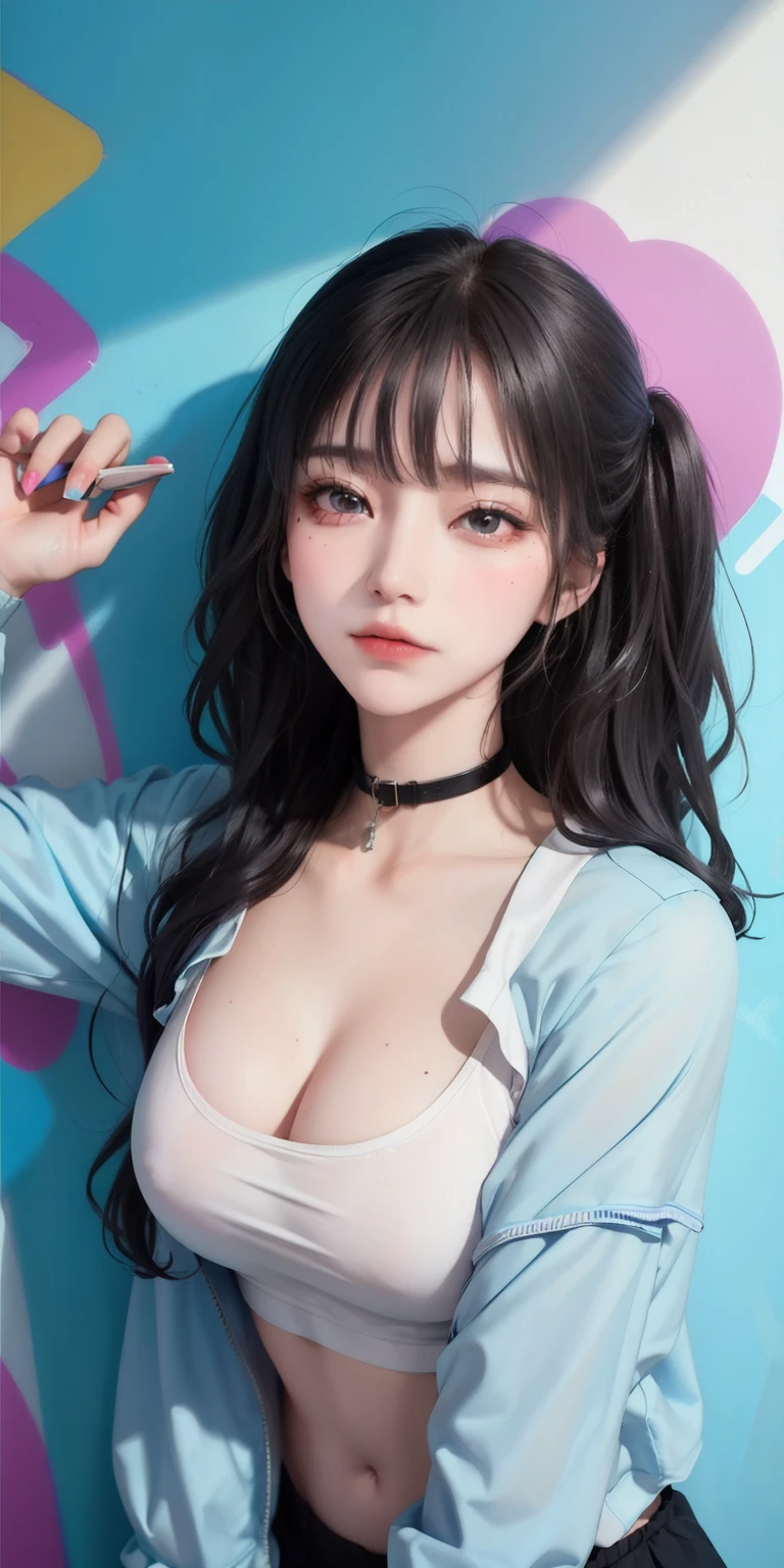 (highest quality), masterpiece, Highly detailed CG uniform 8k illustration, high collar, extremely high collar saturation, all colors deepened, paint, graffiti art, Center configuration, Highly detailed light and shadow, graffiti wall, wall painted bright, One girl graffiti One girl is looking at the wall, highly detailed face and eyes, BLACK hair, sportswear, colored clouds、巨乳
