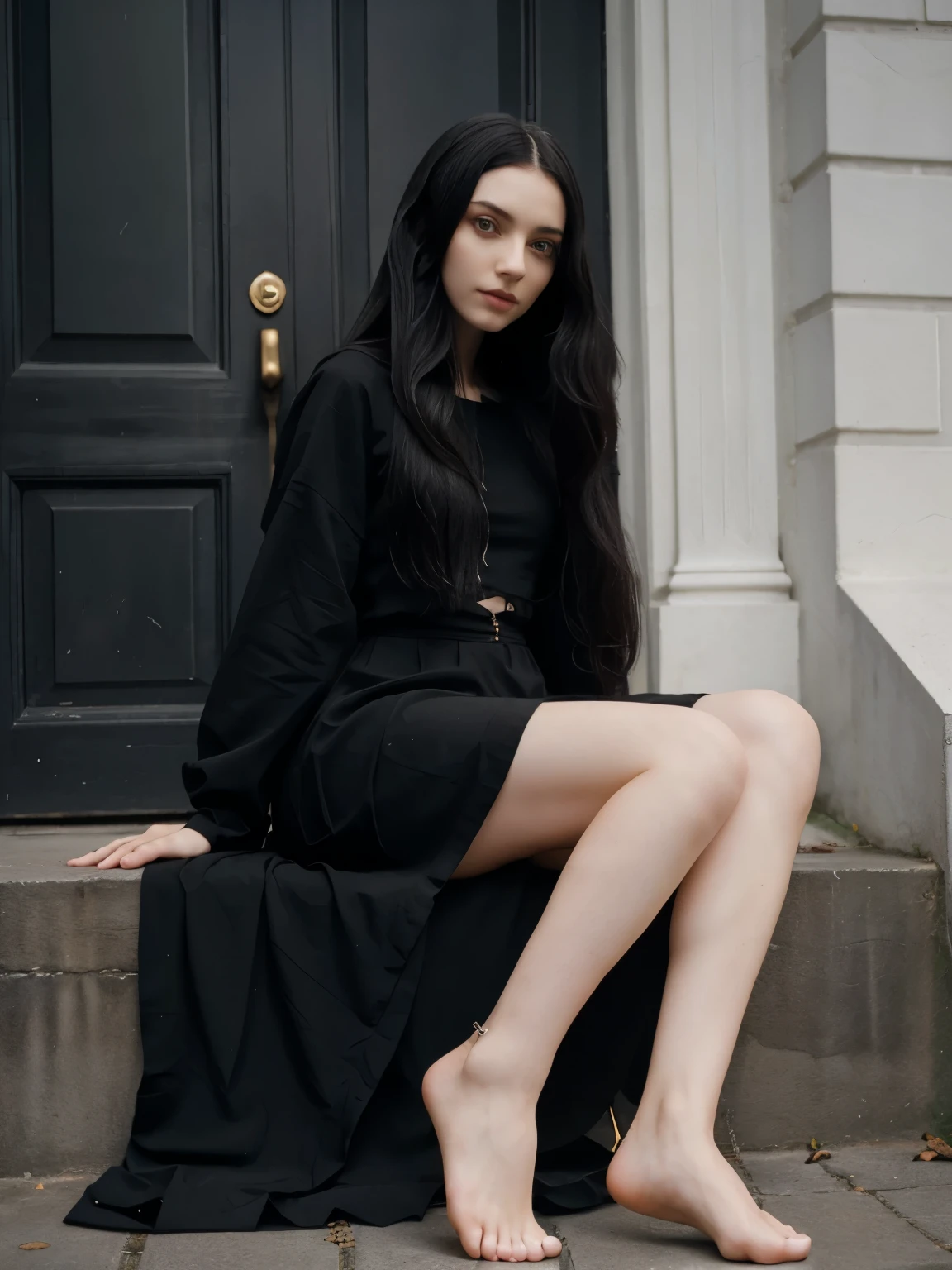 1girl, thin figure, pale skin, black long hair, gothic girl, focus on feet, zoom on feet, perfect feet, feet in front,