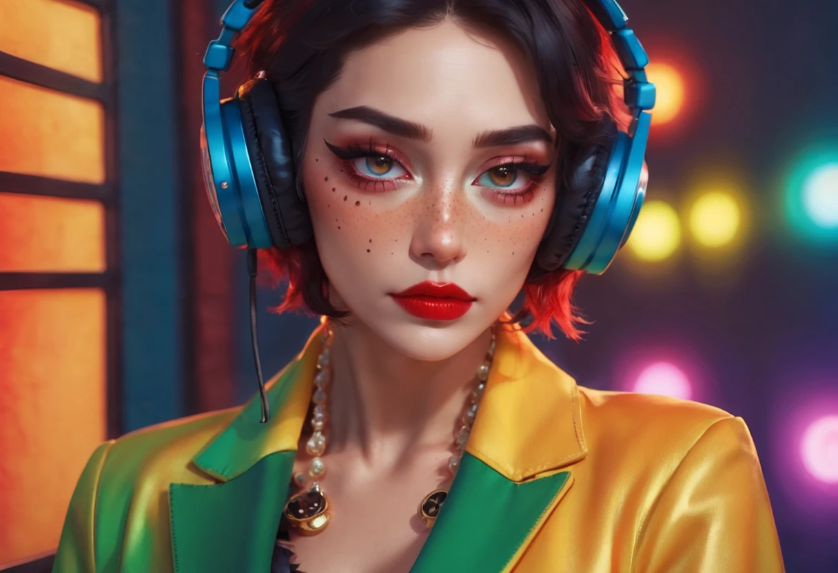 very sexy and beautiful adult woman with large green eyes, short hair styled in a Chanel cut. Impeccably made up with red lipstick, dark eyeshadow accentuating her bright eyes. She's dressed in an open jacket that's slightly oversized, wearing a top covering her ample bosom. Sporting large, colorful headphones, she stares directly at the camera. The background is a vibrant musical club setting with various multicolored light effects.