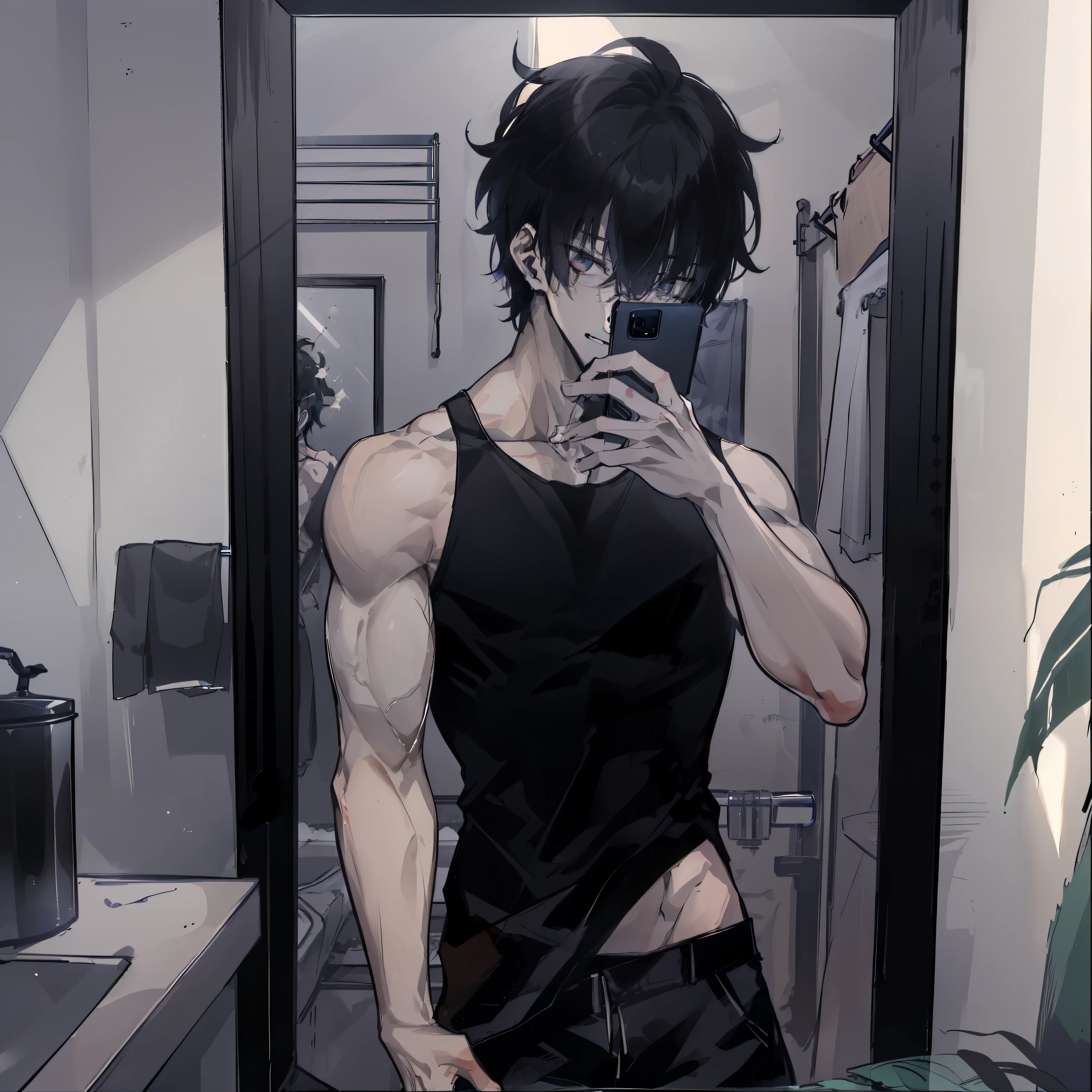 there is a man taking a selfie in a mirror in a bathroom, fit pic, tight black tanktop, slender and muscular build, wearing tanktop, lean but muscular, wearing a tanktop, 21 year old man :: athletic, muscles, mid-shot of a hunky, prefect body, wearing a low cut tanktop, very accurate photo, fitness model, Sung Jinwoo, ((high detail)), 8k image