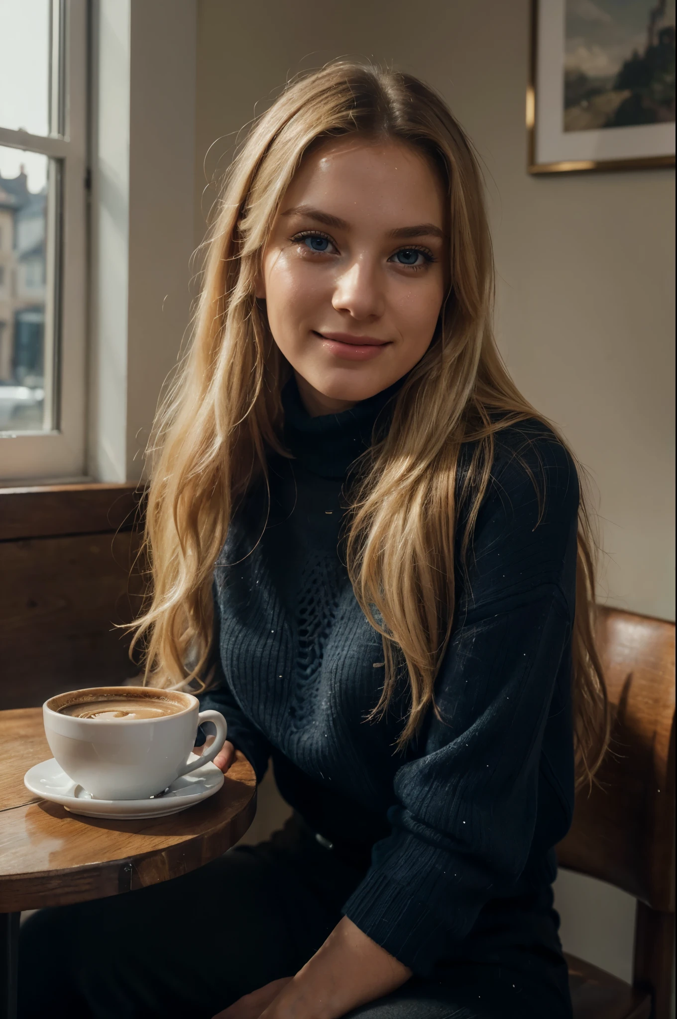 RAW, photograph,((best quality)), ((masterpiece)), ((realistic)), gorgeous european woman, 24 year old, (long blonde hair), blue eyes, wearing a luxurious sweater and Black pants, sitting in a cozy cafe with a cup of coffee, happy face, smiling, innocent, (freckles:0.6), intricate details, highly detailed, sharp focus, professional, 4k, god rays, stunning blue eyes, , delicate, innocent, highres, detailed facial features, high detail, sharp focus, smooth, aesthetic, extremely detailed, photo_\(ultra\), photorealistic, realistic, post-processing, max detail, roughness, real life, ultra realistic, photorealism, photography, 8k uhd, photography, SEMI-SILHOUETTE light, european face 