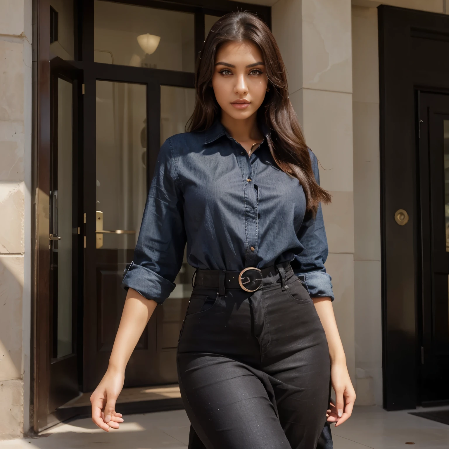 A very real beautiful Arabian model women face sharp look cat eyes big lips brown eyes thick eye browns wearing light makeup wearing black shirt and jeans standing i want i before and after image for her weight loss