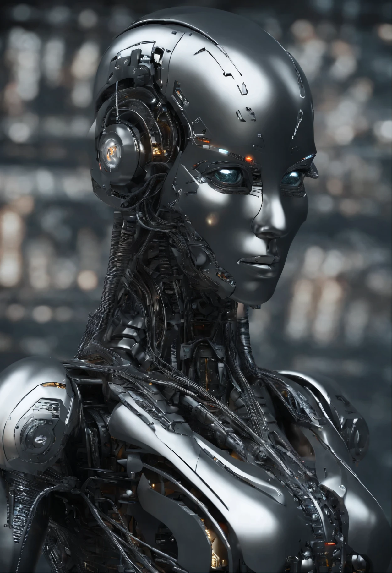 Portraid, Intricate 3d rendering of highly detailed beautiful ceramic female robot, ciborgue, robot parts, 150mm, beautiful studio soft light, Luz de aro, detalhes vibrantes, ciberpunk de luxo, RENDA, surreal, Anatomia , facial muscles, fios de cabo, microchips, elegance, fundo bonito, Octane rendering, Estilo HR Giger, 8k, melhor qualidade, obra de arte, illustration, Muito delicado e lindo, muito detalhado, realista, uniforme, ( fidelidade, fidelidade: 1.37), splendid, detalhe fino, obra de arte, melhor qualidade, arte oficial, Papel de parede realista Unity 8K muito detalhado, absurdo, Inacreditavelmente absurdoo, robot, capacete prateado, corpo todo, sentar e escrever