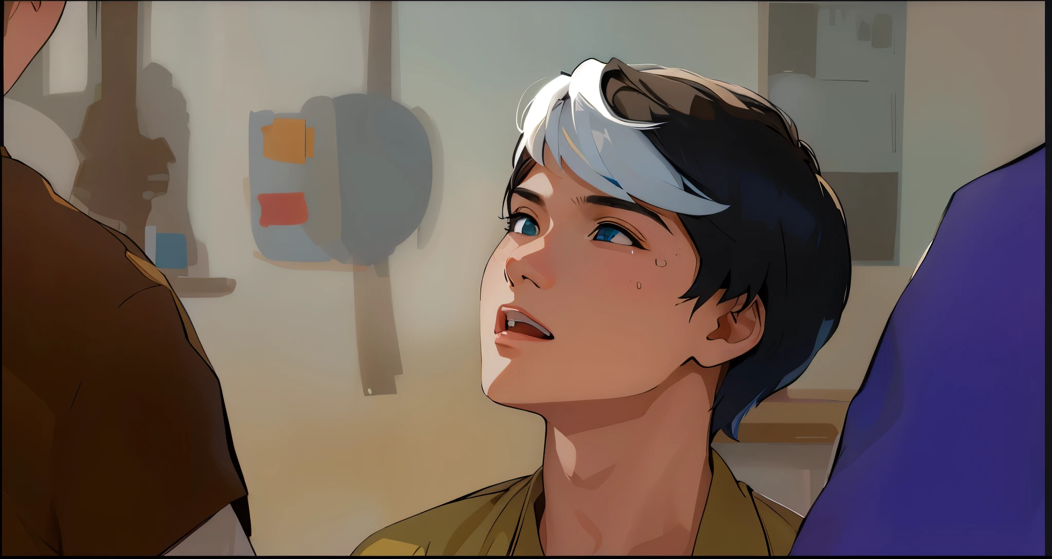dos jovenes ho,Bre 14-year-olds are in the high school classroom, Un le cuenta una historia al otro. . mientras le brillan los ojos de color azul su cabello tambien es de color azul