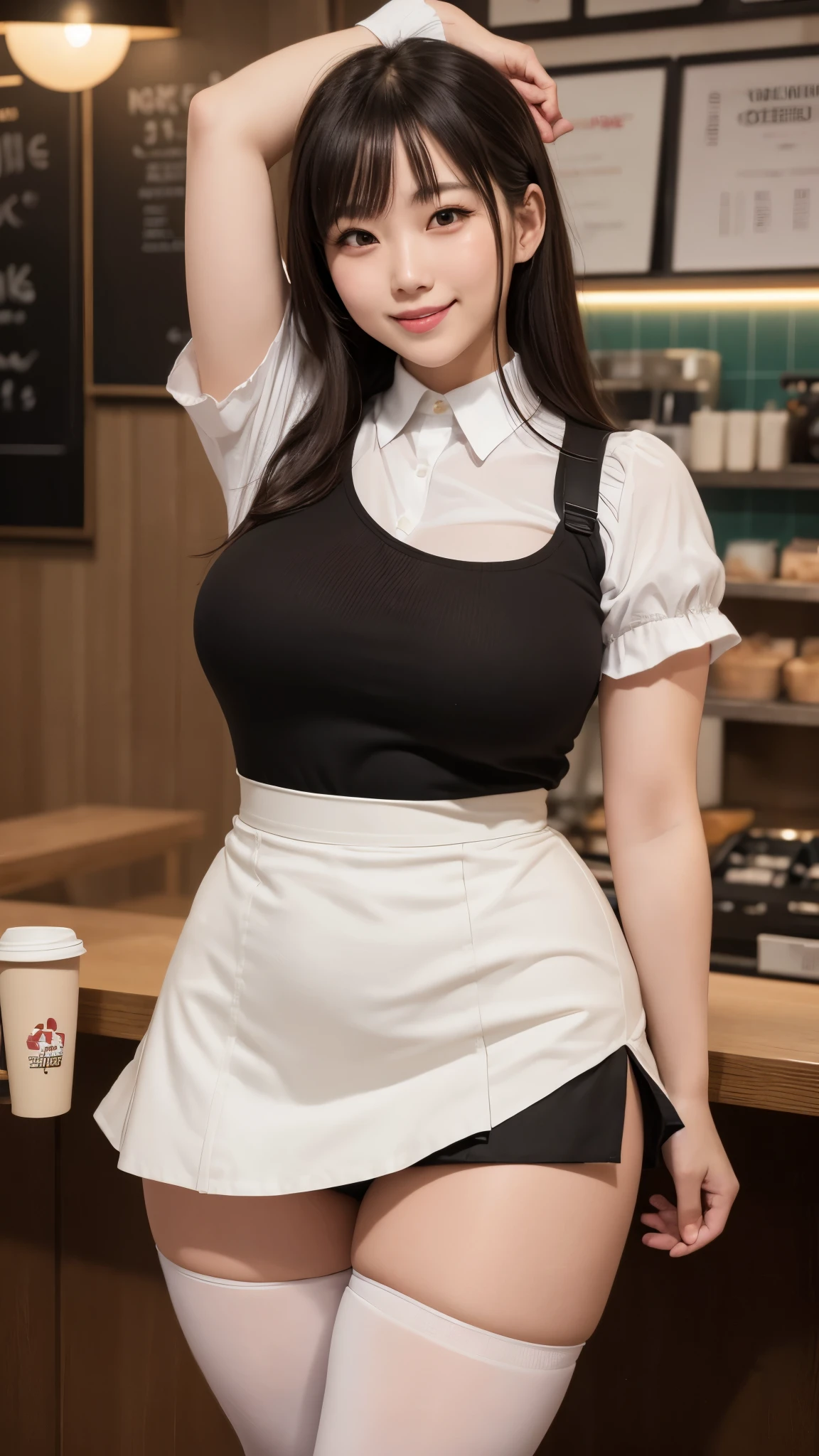 high quality,8K,high resolution,japanese woman,1 personality,tall,thick plump thighs,realistic texture,Muchimuchi,(tights),Saggy big,cute smile,mini skirt,side,large drooping udder,zoomout,(Valley 1.6),thin waist,arms raised,coffee shop,Maid clothes,